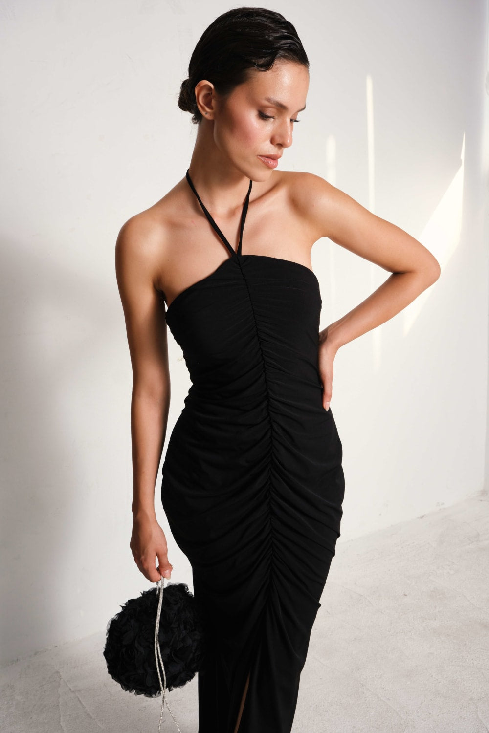 Manshet-Diana Boyun Askılı Yırtmaçlı Elbise-Elbise-2-Milagron.com