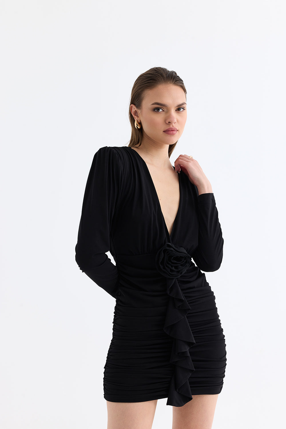 Manshet-The Crimson / Gül Detaylı Mini Elbise-Elbise-4-Milagron.com
