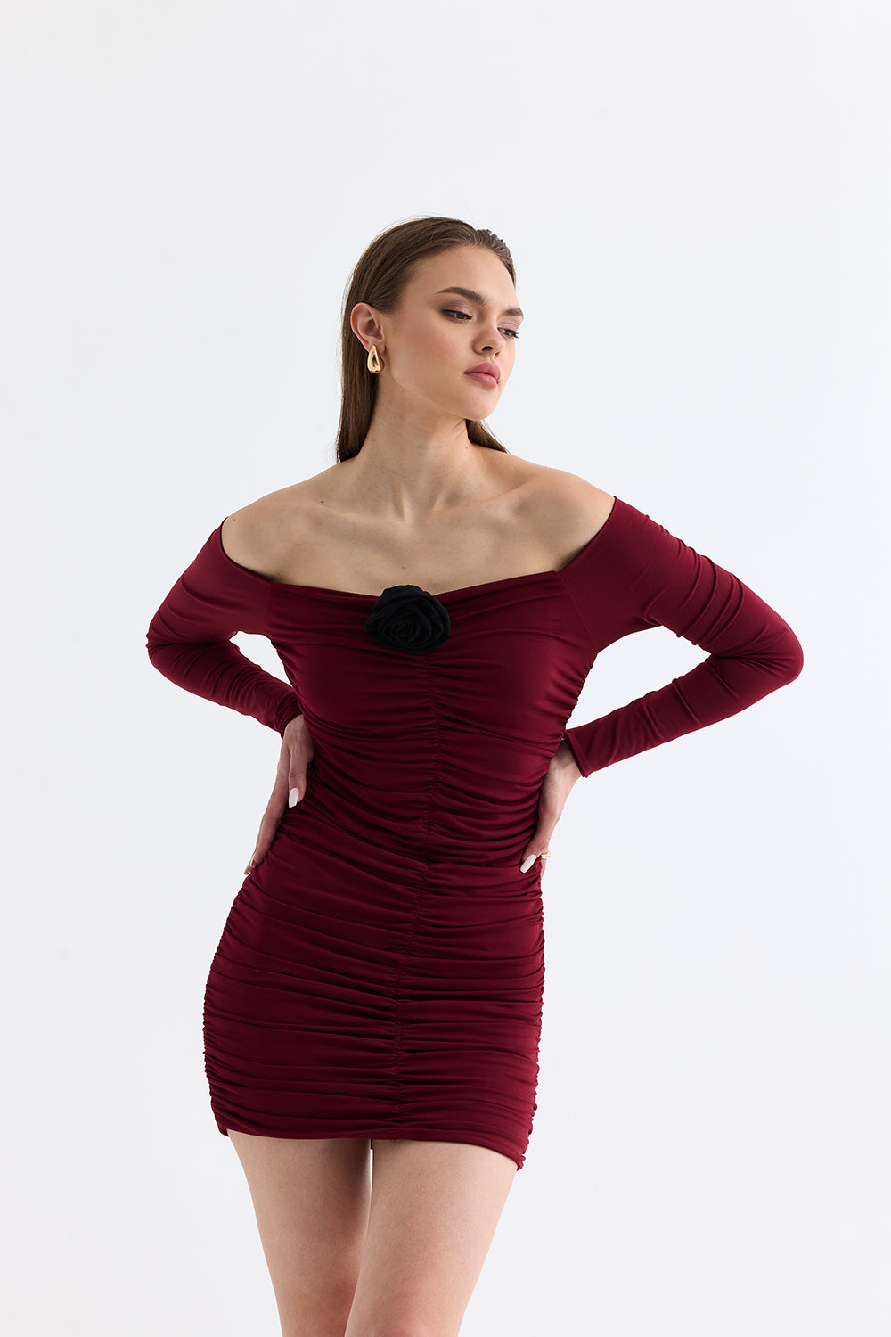 Manshet-Verve / Kayık Yaka Mini Elbise-Elbise-1-Milagron.com