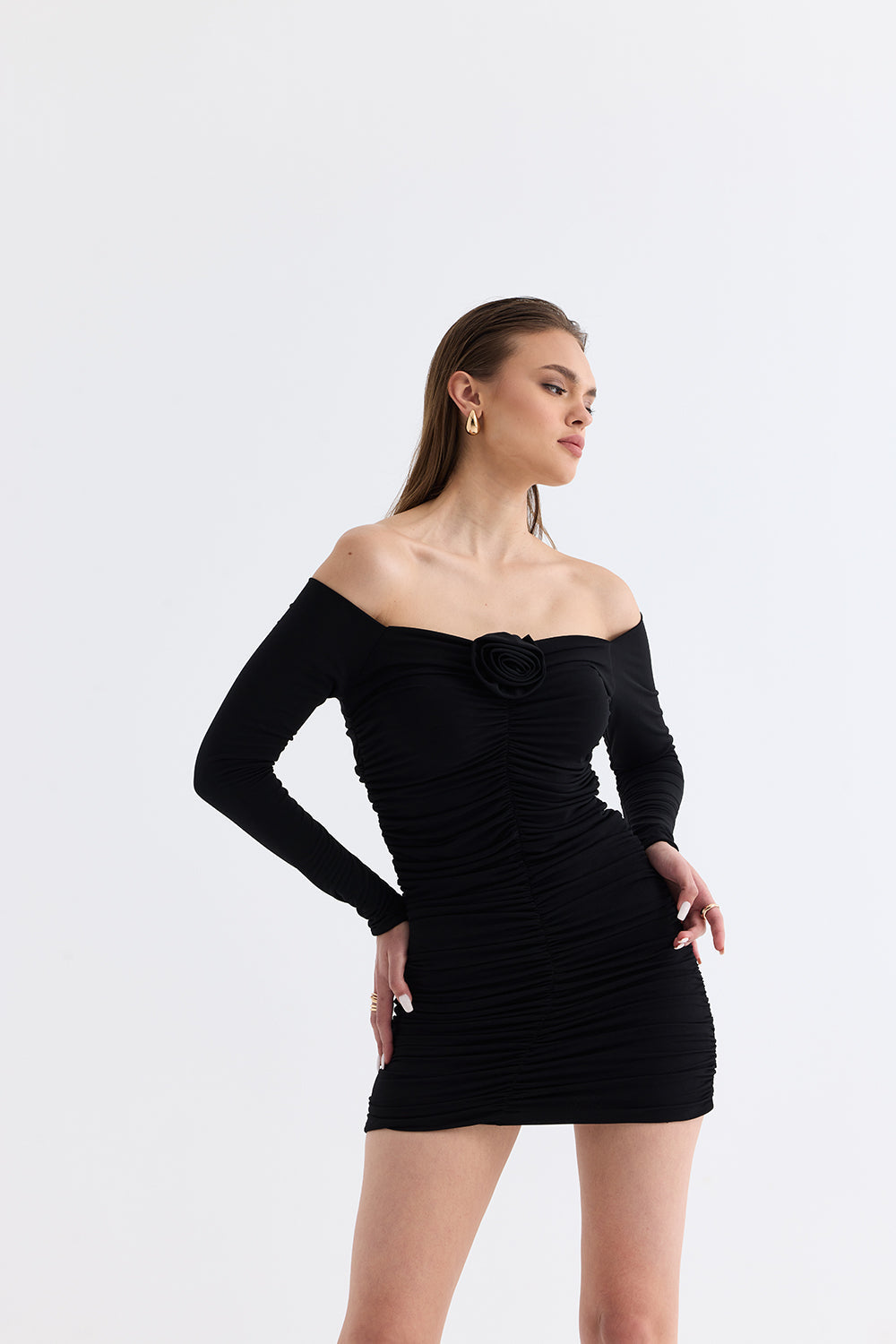 Manshet-Verve / Kayık Yaka Mini Elbise-Elbise-2-Milagron.com