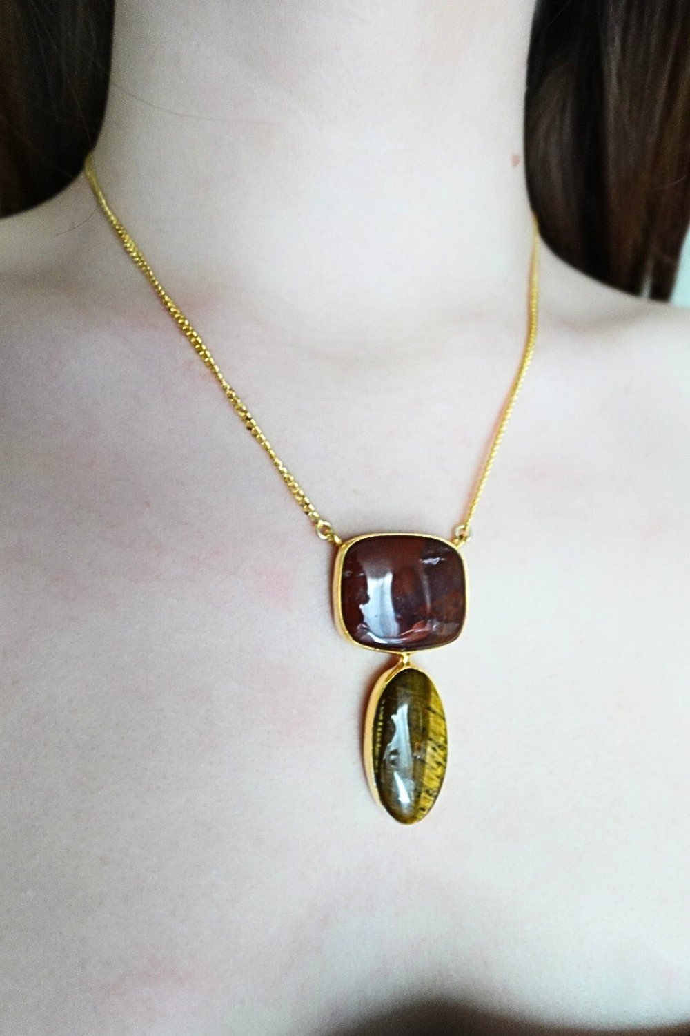 Manus In Mano-Cara Jasper Ve Kaplan Gözü Doğal Taş Gümüş Kolye - Toprak Elementi-Kolye-3-Milagron.com