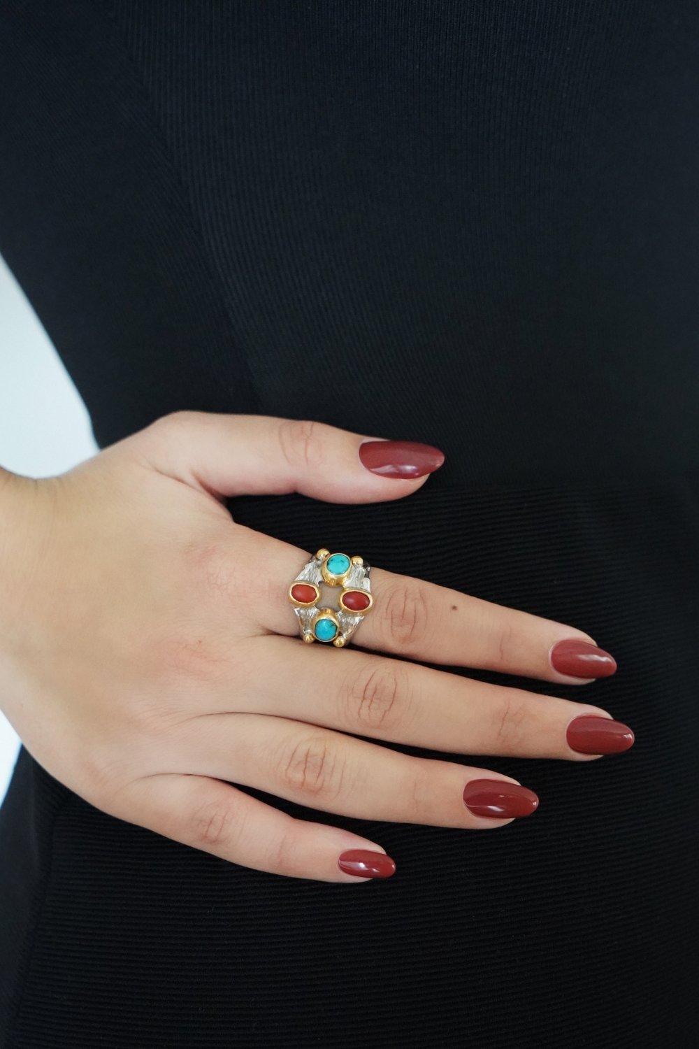 Manus In Mano-Merr Turkuaz Ve Mercan Gümüş Yüzük-Yüzük-2-Milagron.com