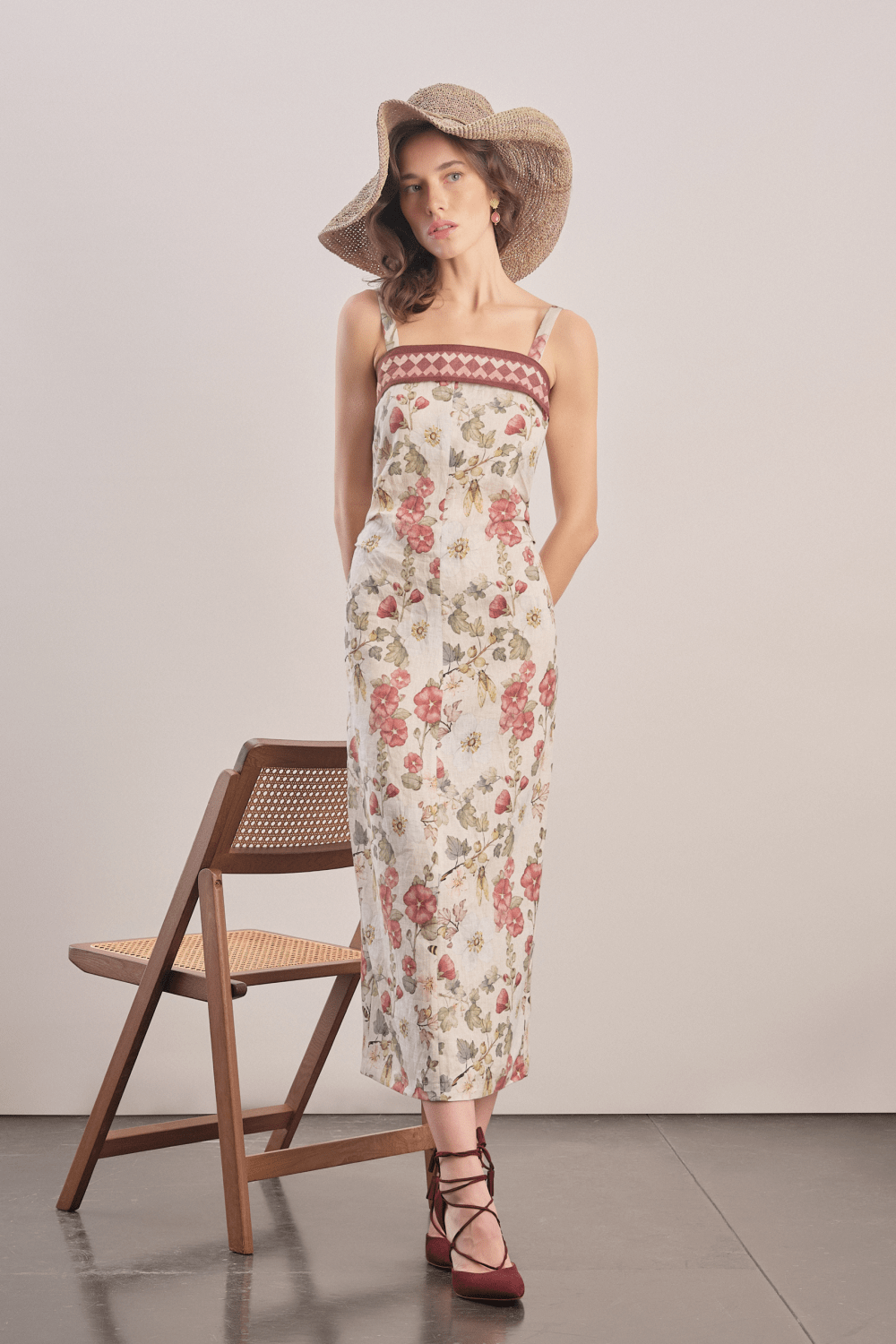 Mavlo-Burgundy Çiçekli Keten Midi Elbise-Elbise-1-Milagron.com