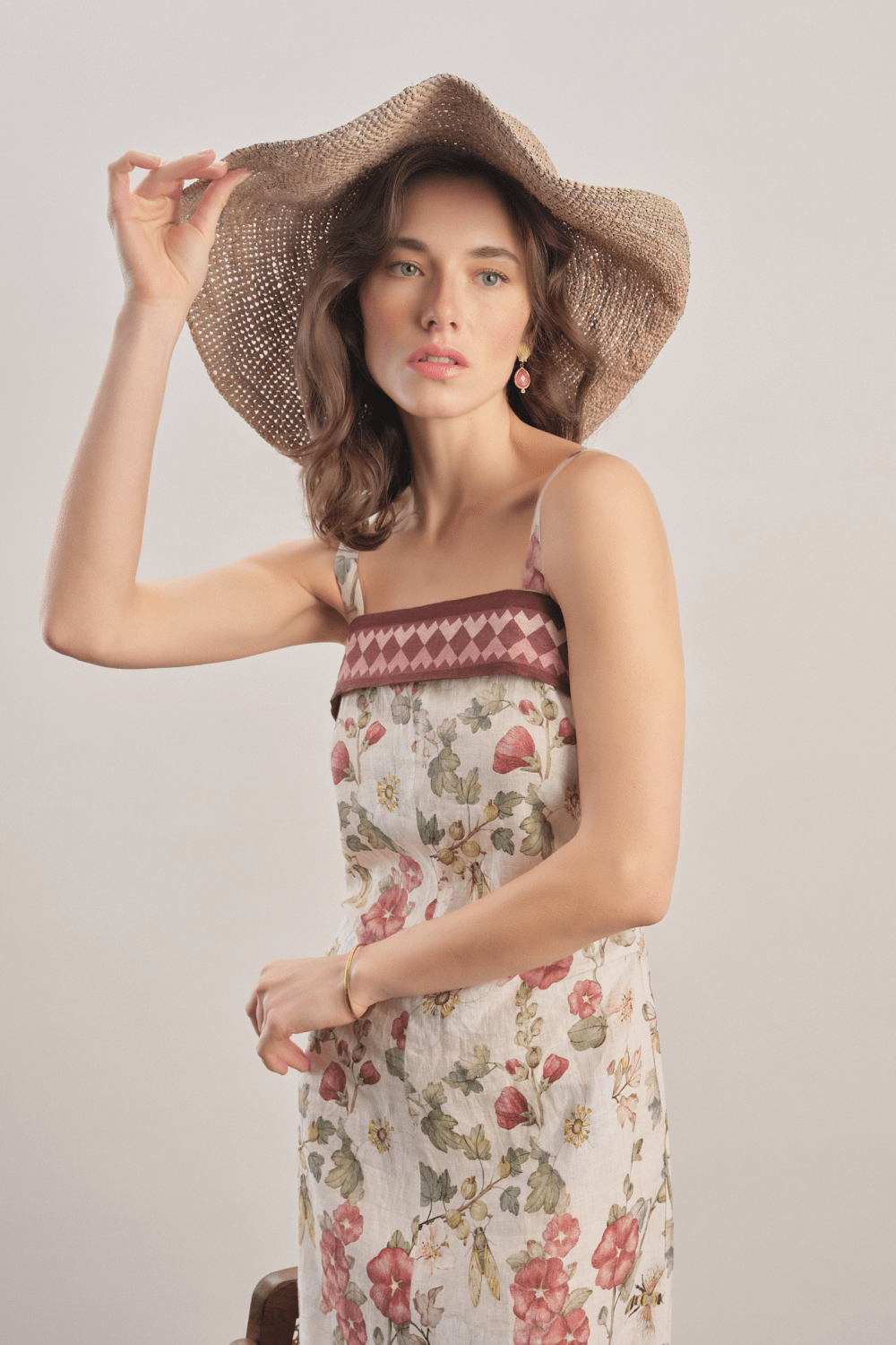 Mavlo-Burgundy Çiçekli Keten Midi Elbise-Elbise-3-Milagron.com