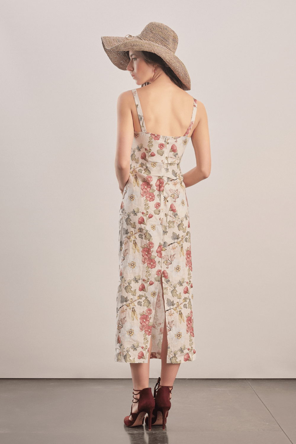 Mavlo-Burgundy Çiçekli Keten Midi Elbise-Elbise-4-Milagron.com