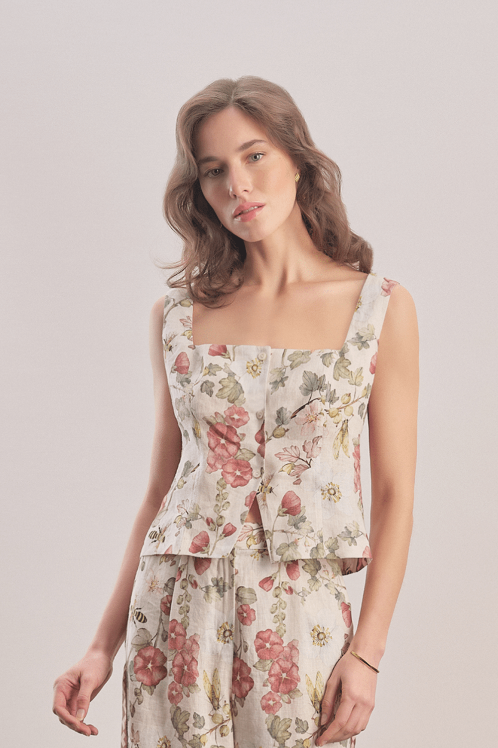 Mavlo-Burgundy Çiçekli Keten Yelek-Top-1-Milagron.com