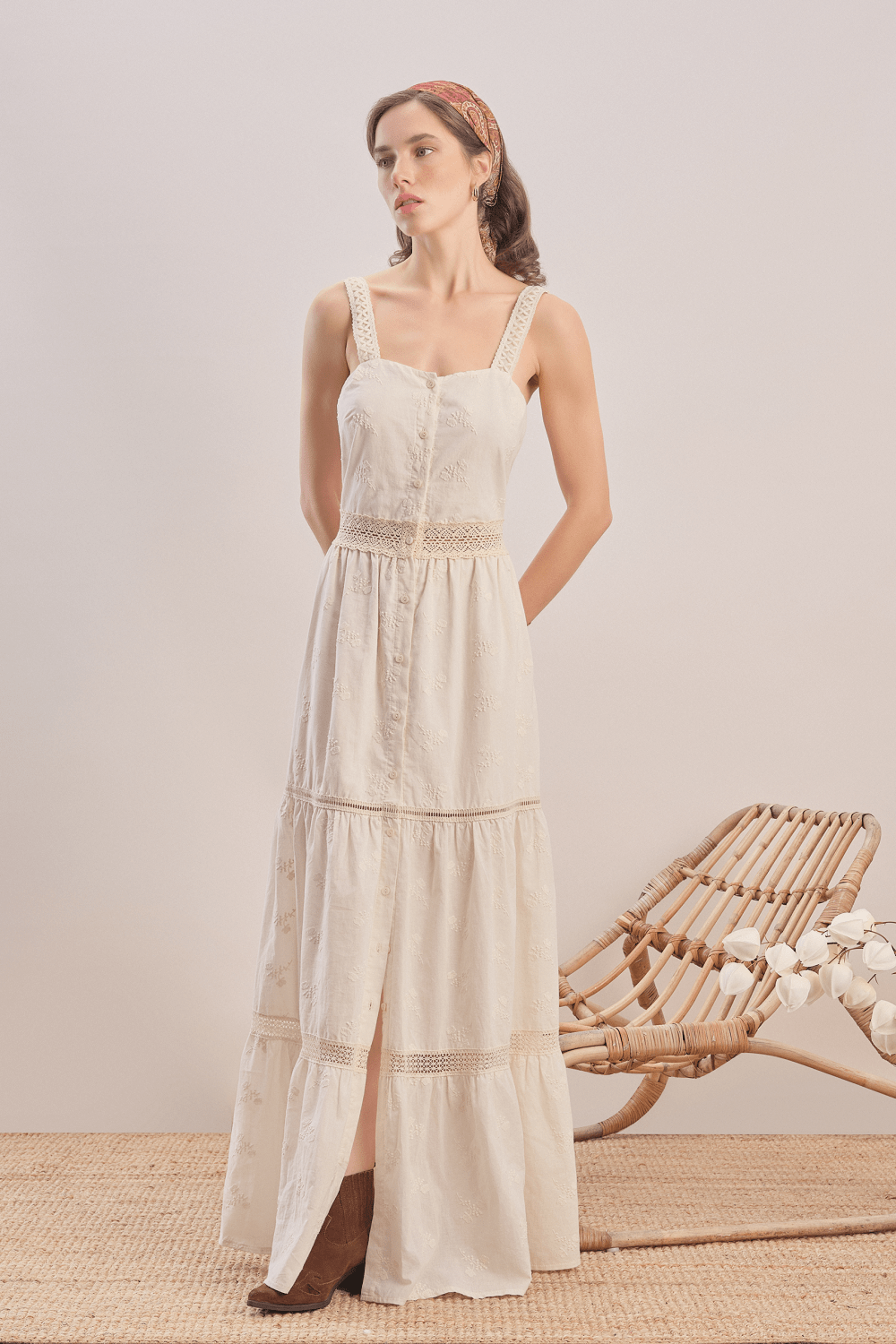 Mavlo-Soft Rose Nakışlı Koton Maxi Elbise-Elbise-1-Milagron.com