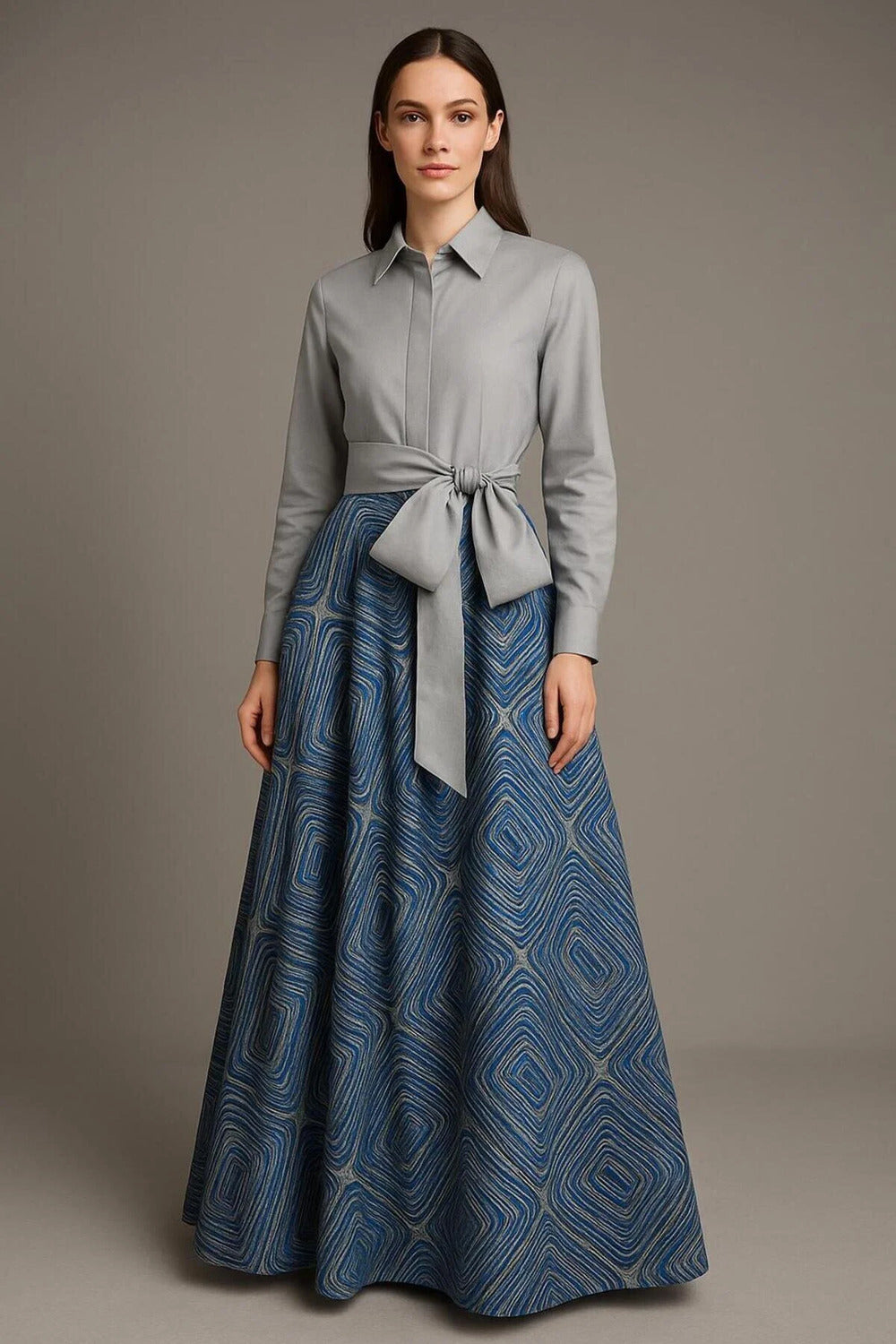 Açık Gri Tafta & İpek Brokar Kumaş Mix'li Şık Gömlek Elbise - 0