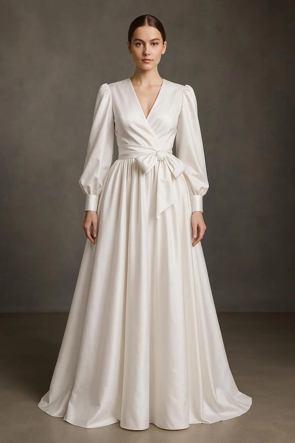 Balon Kollu, Kruvaze Kapamalı & Kuşaklı Beyaz Maxi Elbise - 0