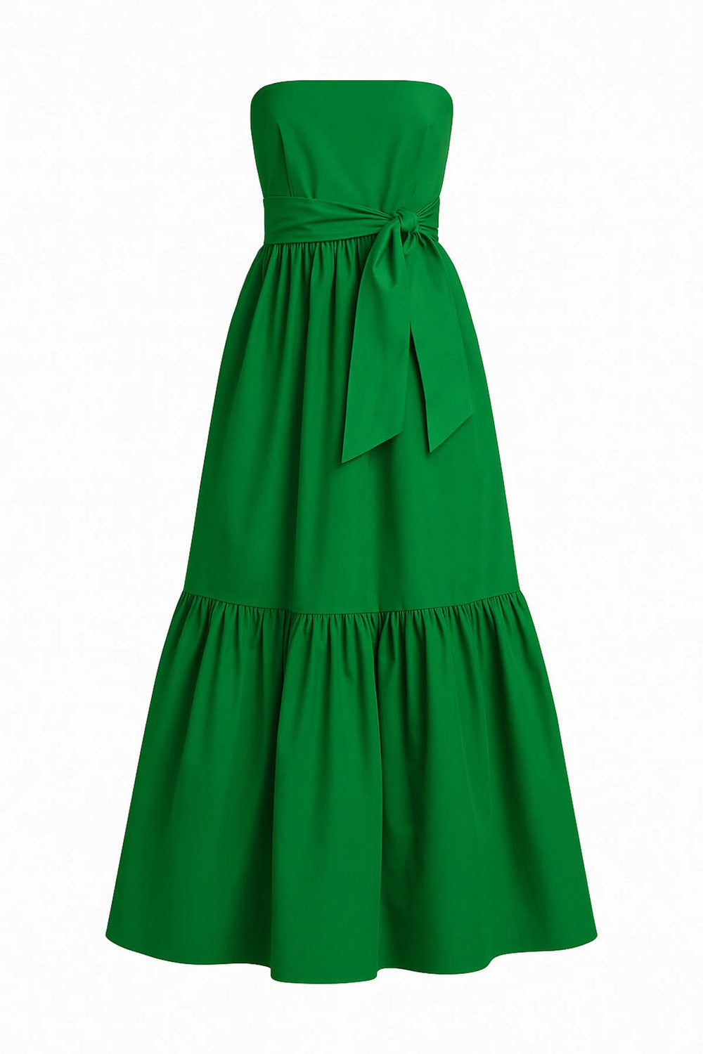 Etek Ucu Fırfır Detaylı & Kuşaklı Maxi Boy Yeşil Tafta Straplez Elbise - 0