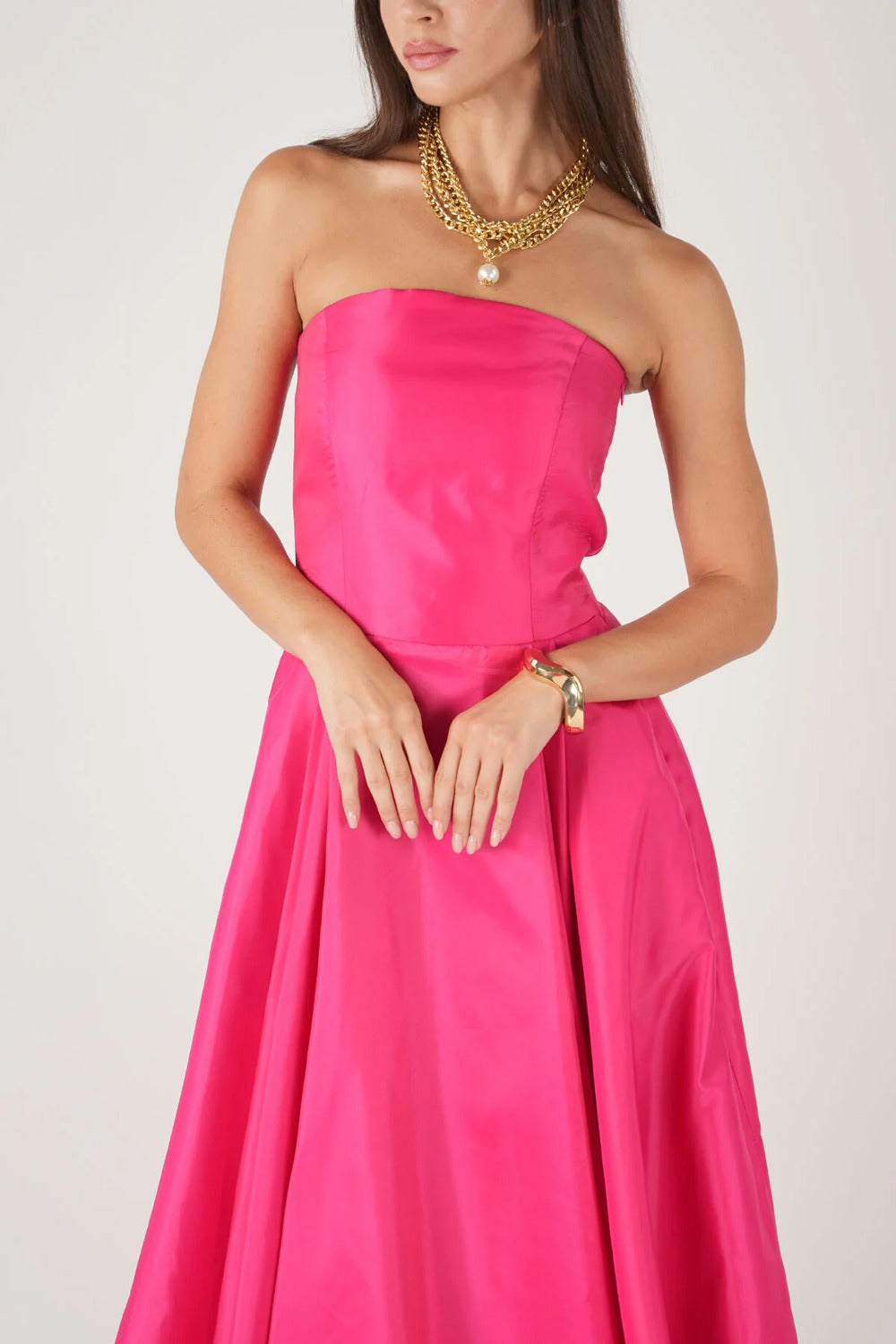 Fuşya Mat Saten Şık Maxi Straplez Elbise - 0