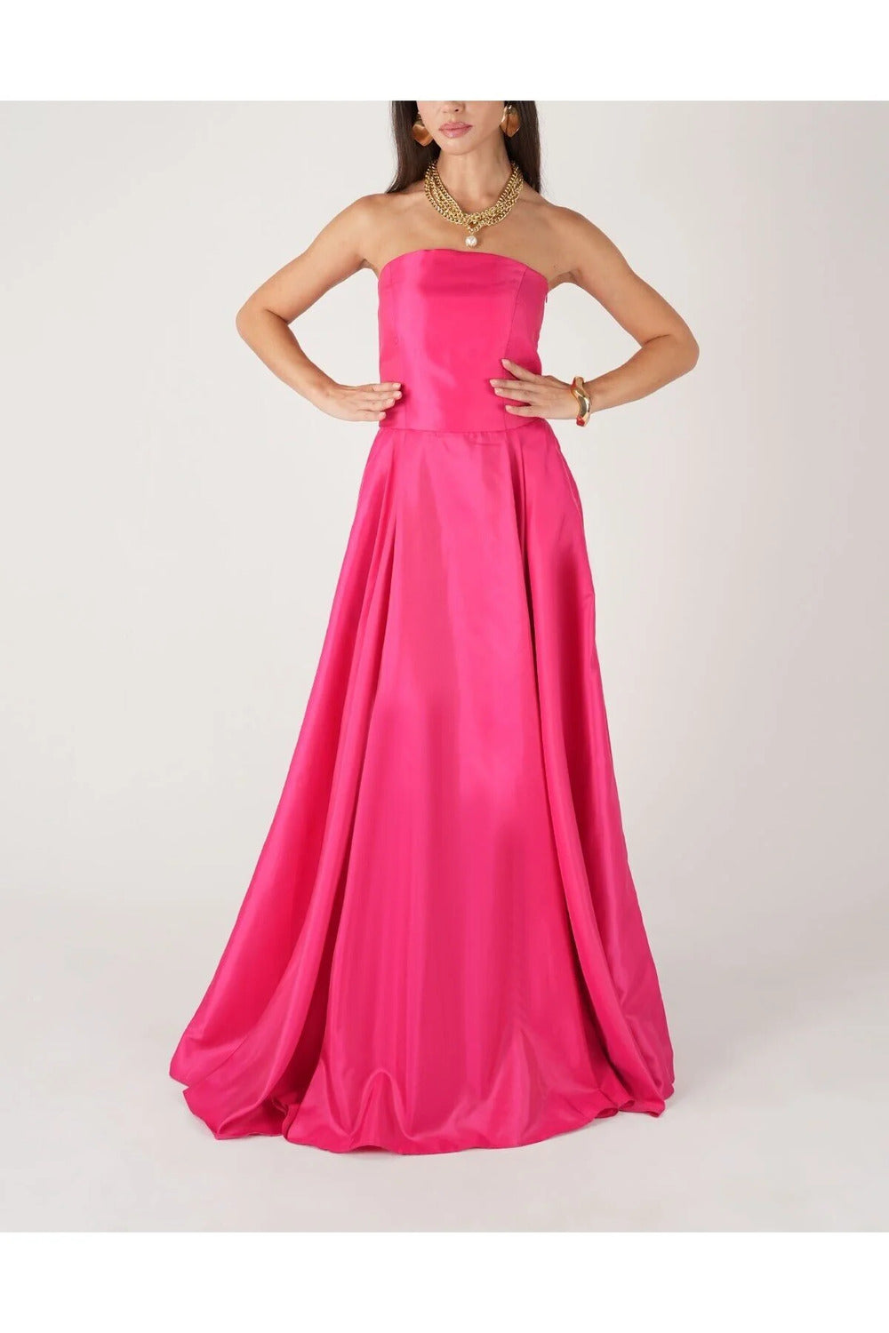 Fuşya Mat Saten Şık Maxi Straplez Elbise - 2