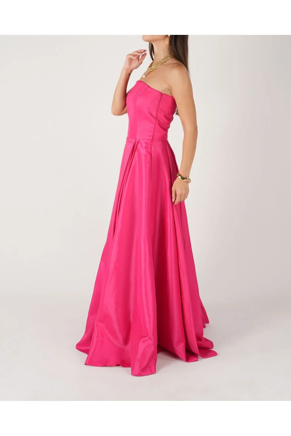 Fuşya Mat Saten Şık Maxi Straplez Elbise - 3
