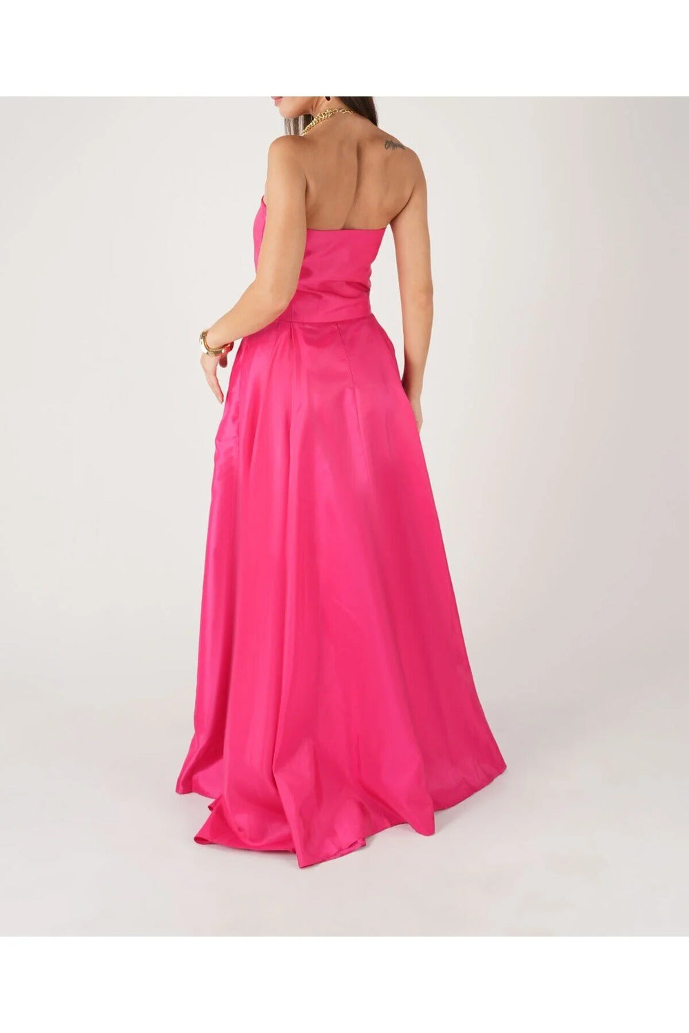Fuşya Mat Saten Şık Maxi Straplez Elbise - 4