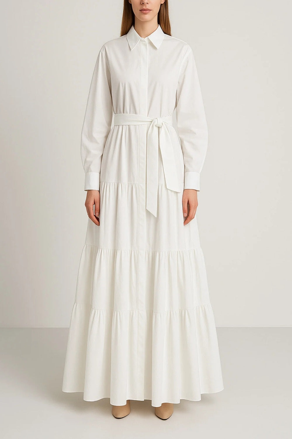 Katmanlı & Fırfırlı Off-white Poplin Gömlek Maxi Elbise - 0