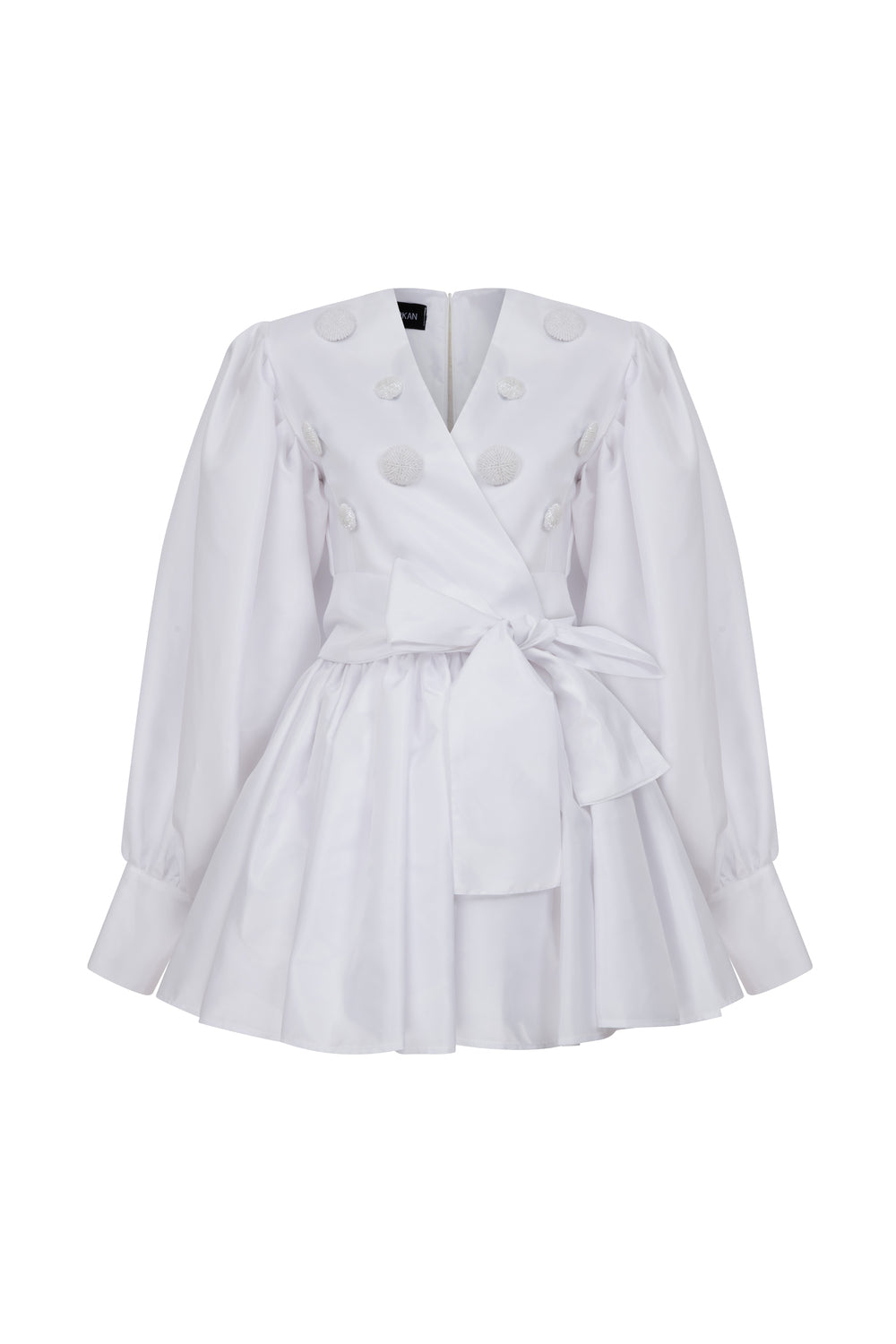 Kruvaze Kapamalı & Üzeri Dekoratif Boncuk İşlemeli Beyaz Tafta Mini Elbise - 1