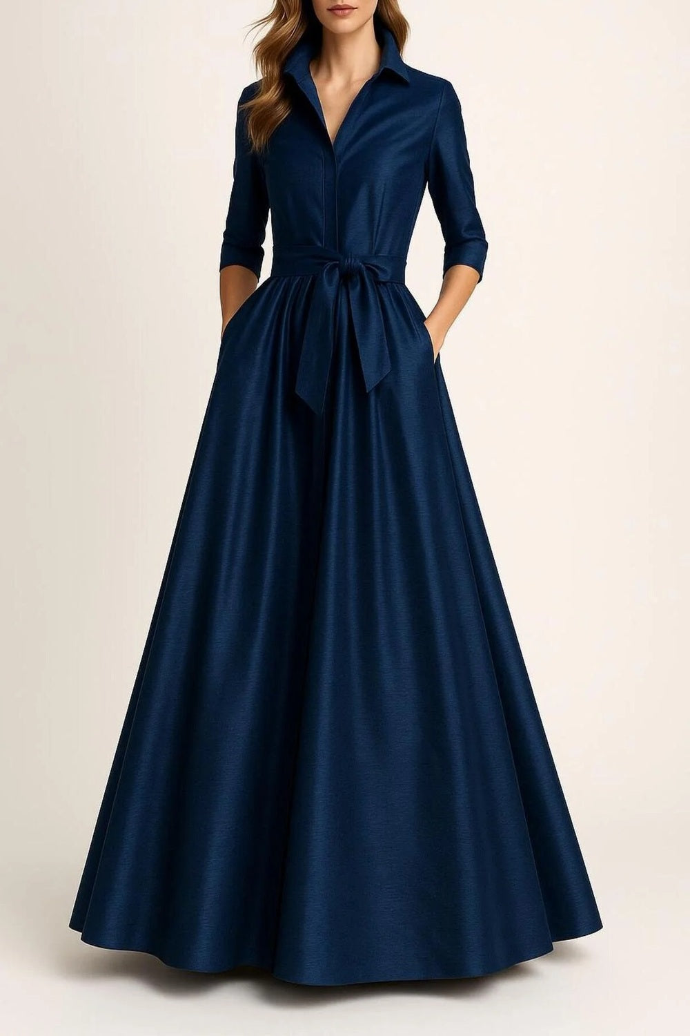 Kuşakla Bağlama Detaylı Gece Mavisi Tafta Uzun Gömlek Elbise - 0