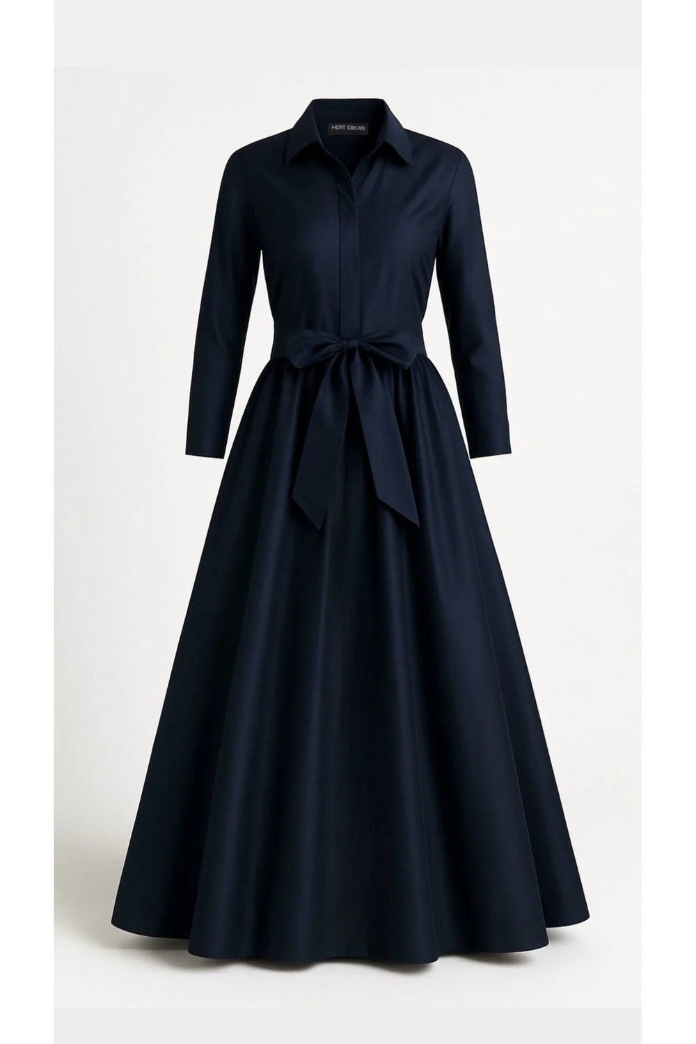 Kuşakla Bağlama Detaylı Gece Mavisi Tafta Uzun Gömlek Elbise - 1