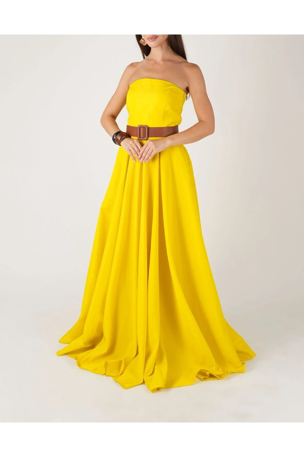 Kuşaklı Sarı Straplez Maxi Tafta Elbise - 0