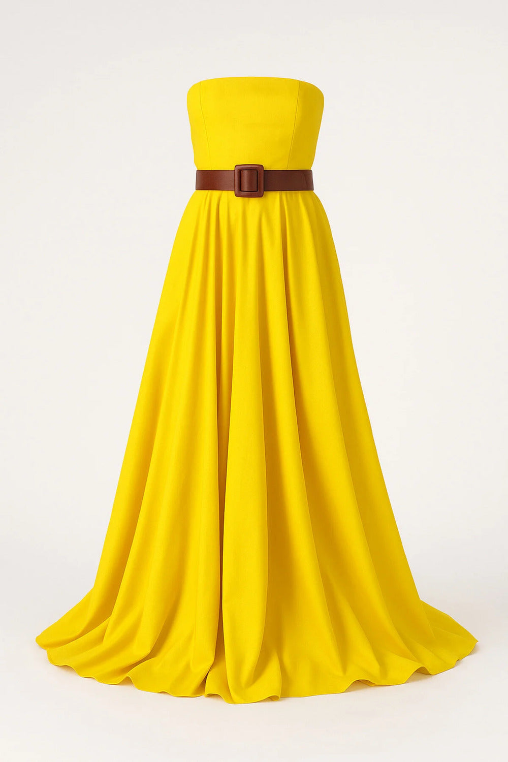 Kuşaklı Sarı Straplez Maxi Tafta Elbise - 1