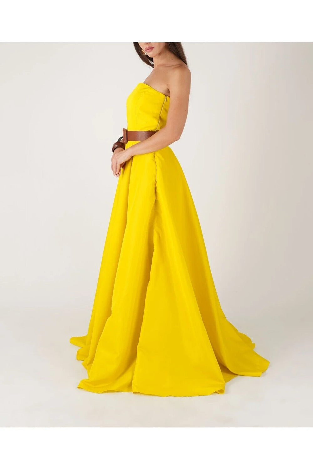 Kuşaklı Sarı Straplez Maxi Tafta Elbise - 2