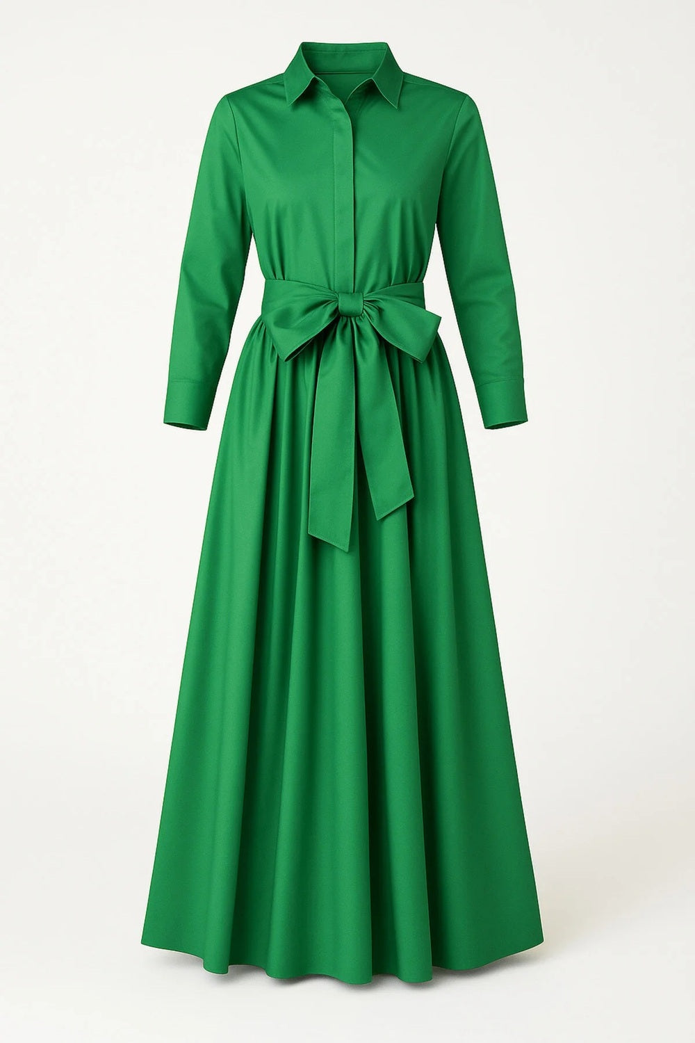 Kuşaklı Yeşil Tafta Uzun Gömlek Elbise - 1