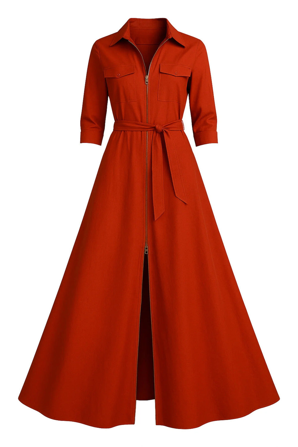 Önden Fermuarlı & Utility Detaylı Safran Tafta Maxi Gömlek Elbise - 1