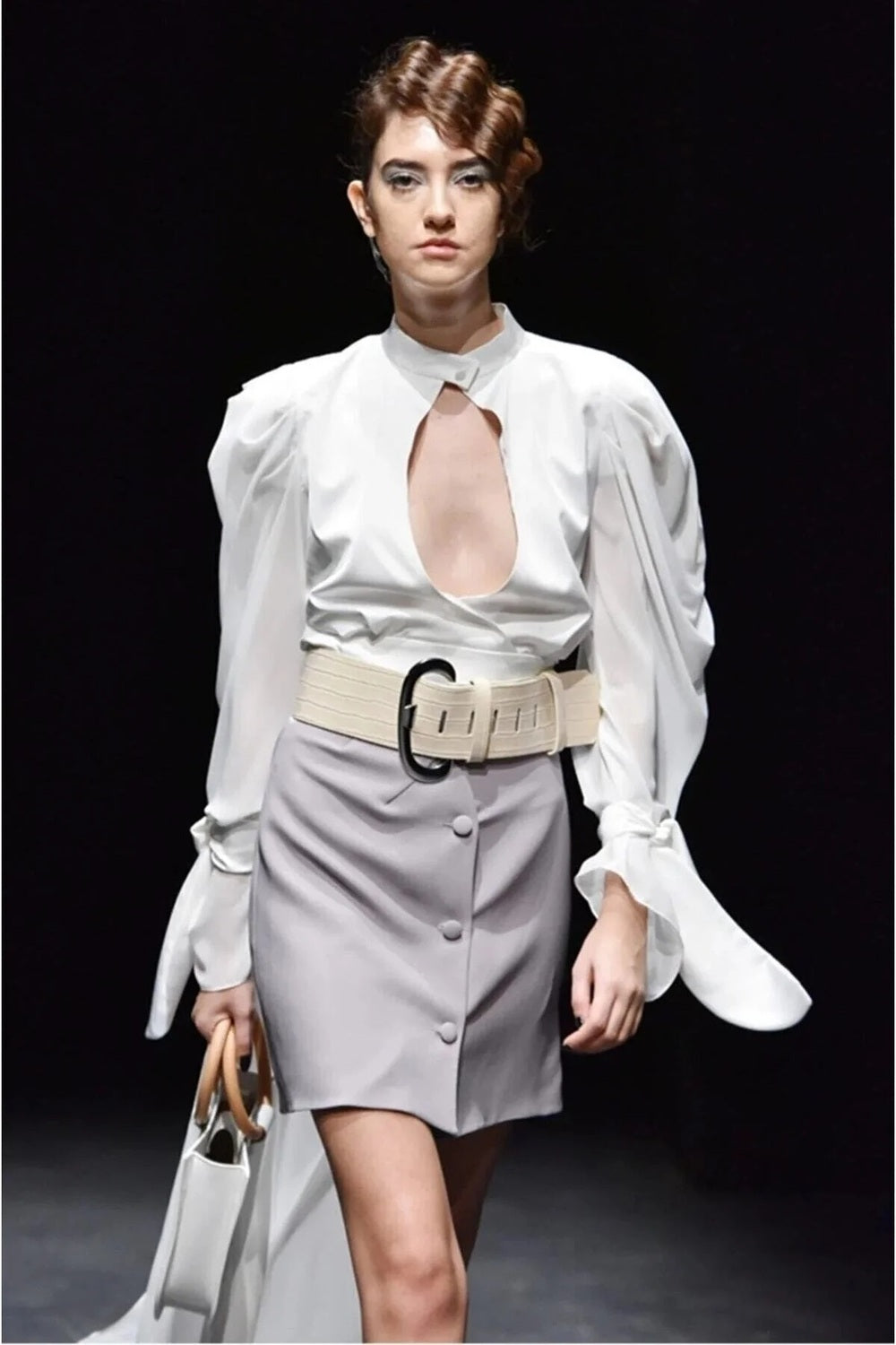 Oval Kapamalı Gri Mini Krep Etek - 0