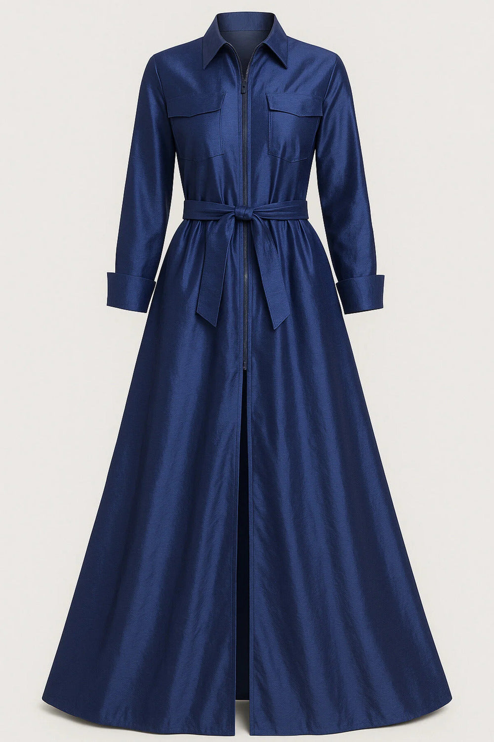 Utility Detaylı & Kuşaklı Lacivert Tafta Maxi Şık Gömlek Elbise - 1