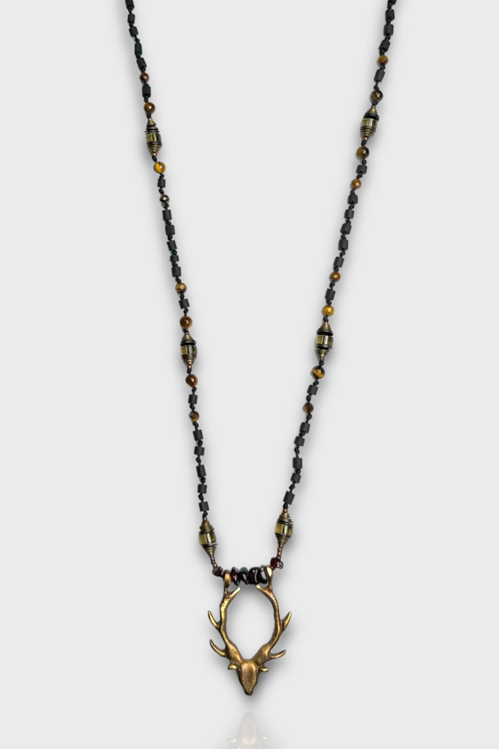 Mey Atelier-Mr. Deer – Antika Bronz Geyik Figürlü Onyx Smoke Quartz Tiger Eye Unisex Kolye-Kolye-1-Milagron.com
