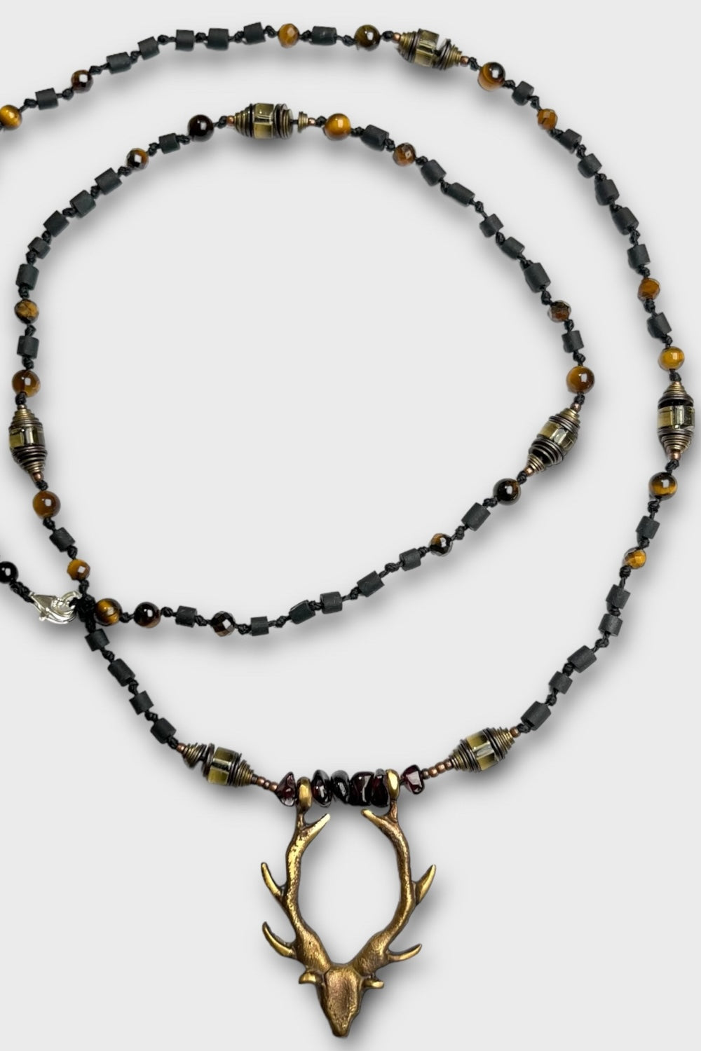 Mey Atelier-Mr. Deer – Antika Bronz Geyik Figürlü Onyx Smoke Quartz Tiger Eye Unisex Kolye-Kolye-3-Milagron.com