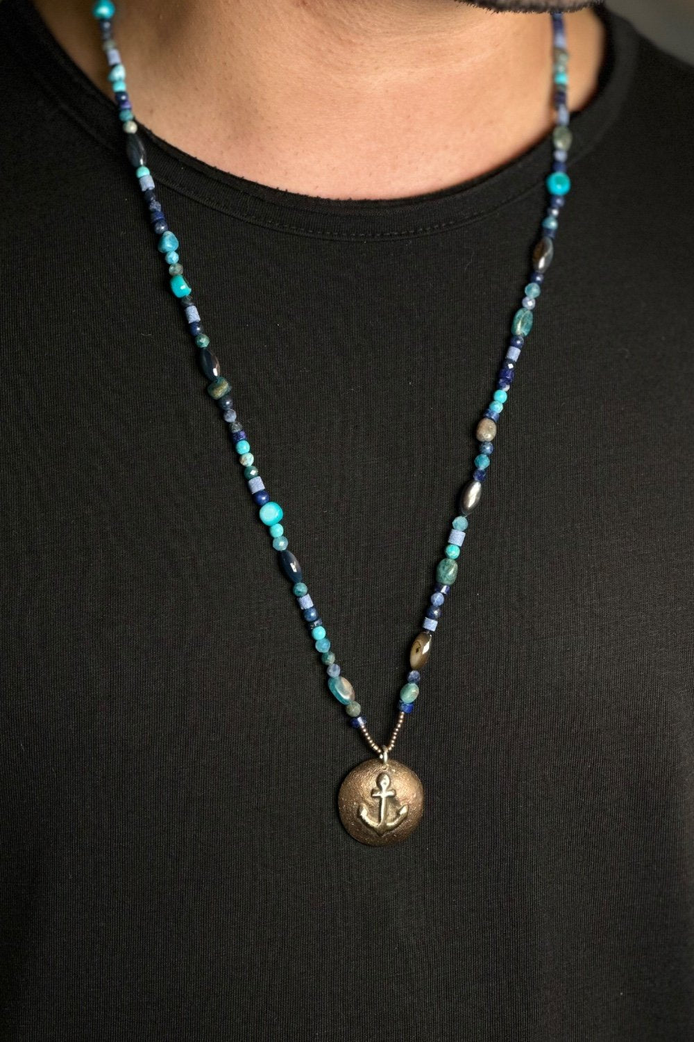 Mey Atelier-Sailor 24 – Karma Mavi Taşlı Antika Bronz Çapa Unisex Kolye-Kolye-3-Milagron.com