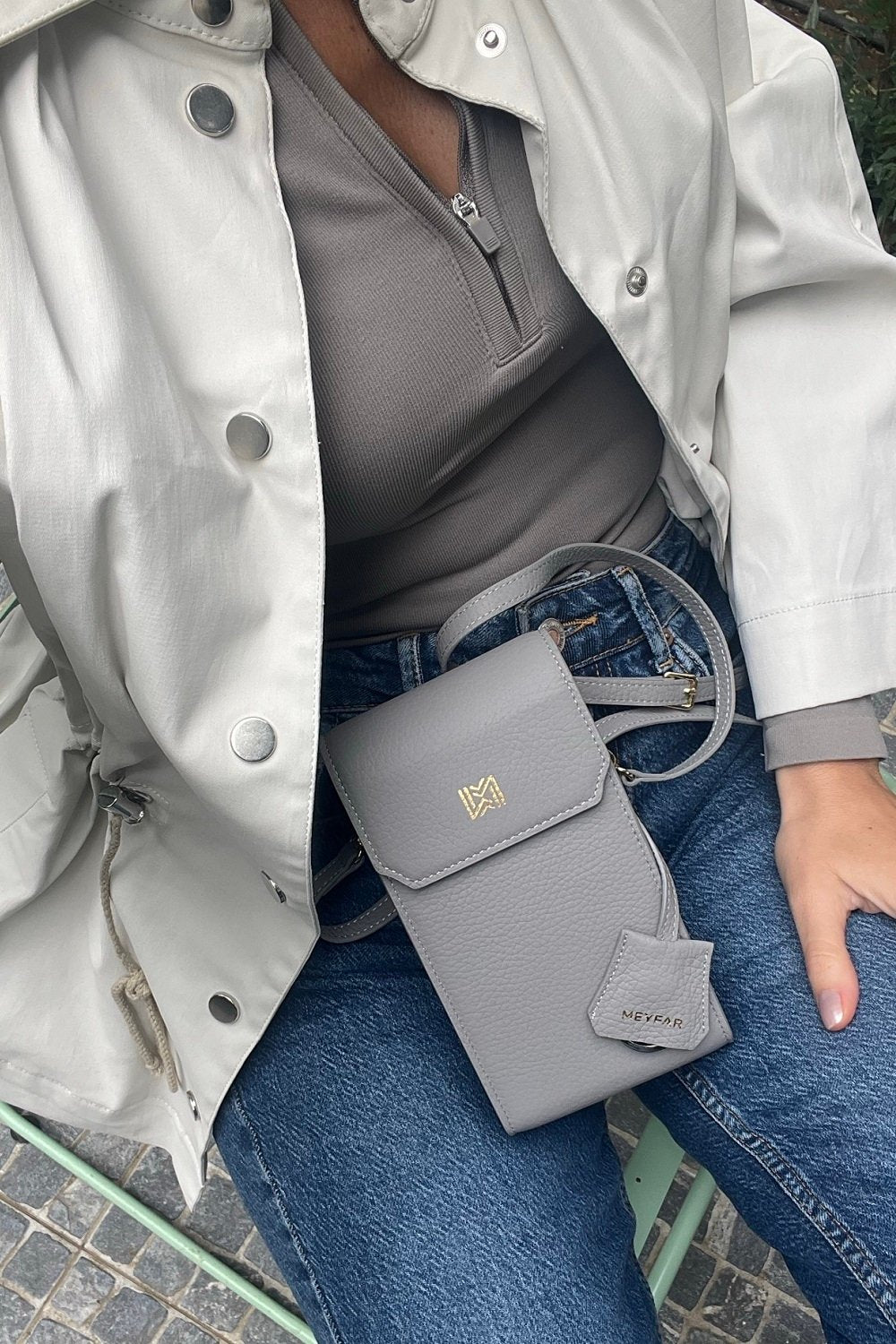 Meyfar-Gri Deri Kartlık - Telefon Bölmeli Çanta-Omuz Çantası-4-Milagron.com