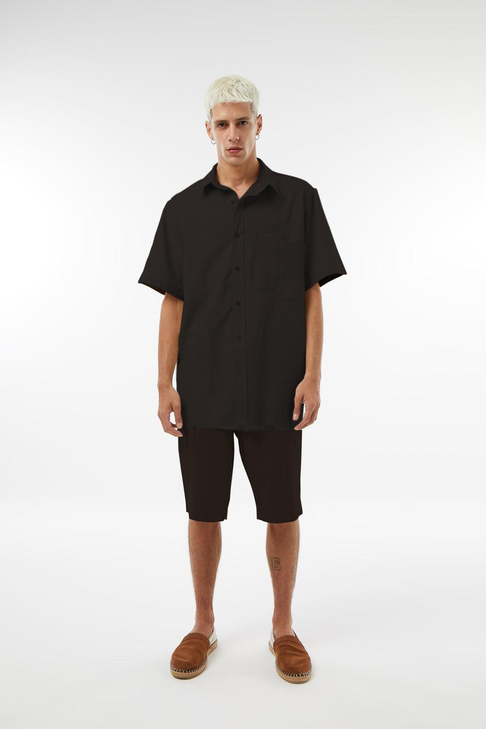 Midground-Kısa Kollu Asitmetrik Keten Gömlek-Gömlek-1-Milagron.com