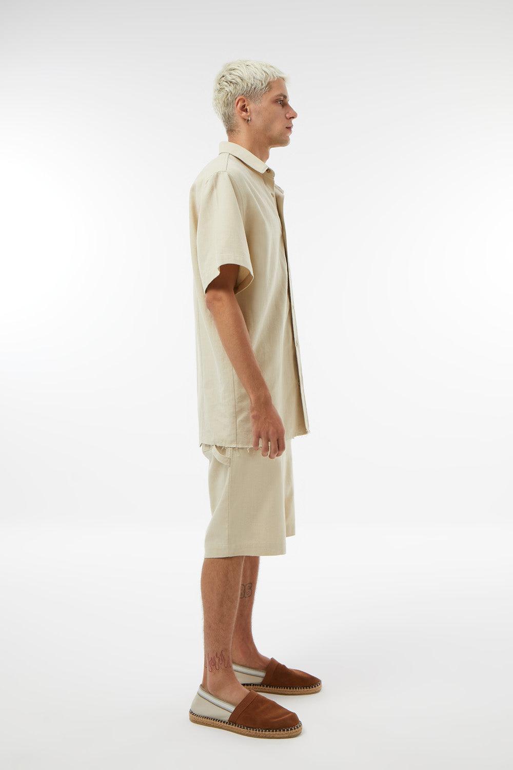 Midground-Kısa Kollu Asitmetrik Keten Gömlek-Gömlek-2-Milagron.com