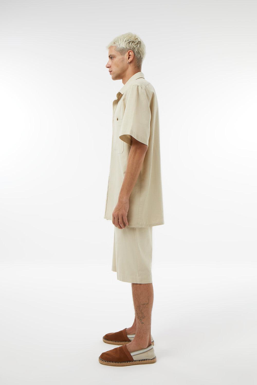 Midground-Kısa Kollu Asitmetrik Keten Gömlek-Gömlek-4-Milagron.com