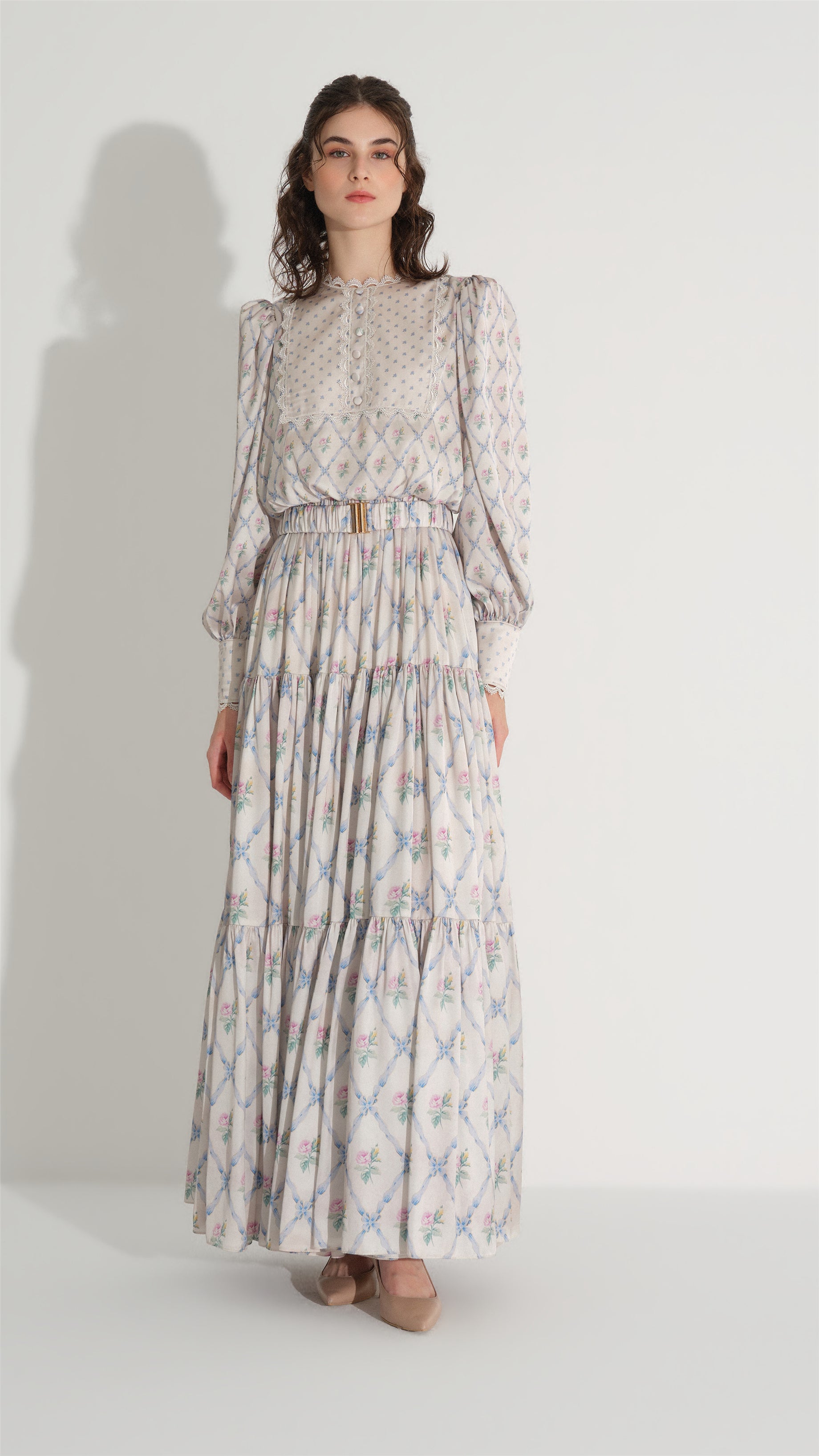 Baklava Desen ŞiFon Saten ElbiSe Krem