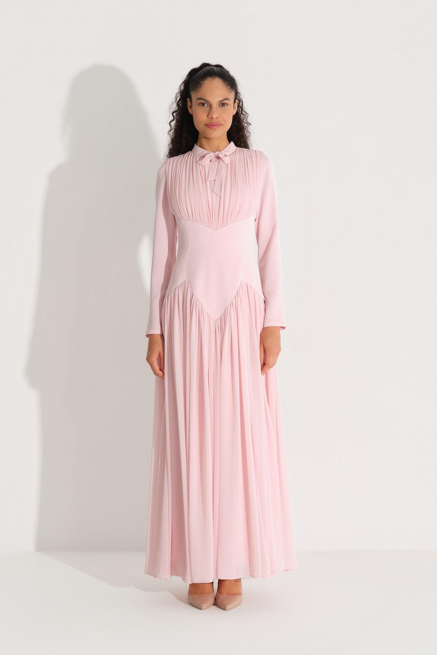 Bel Formu Korse Görünümlü Krep ElbiSe Pembe