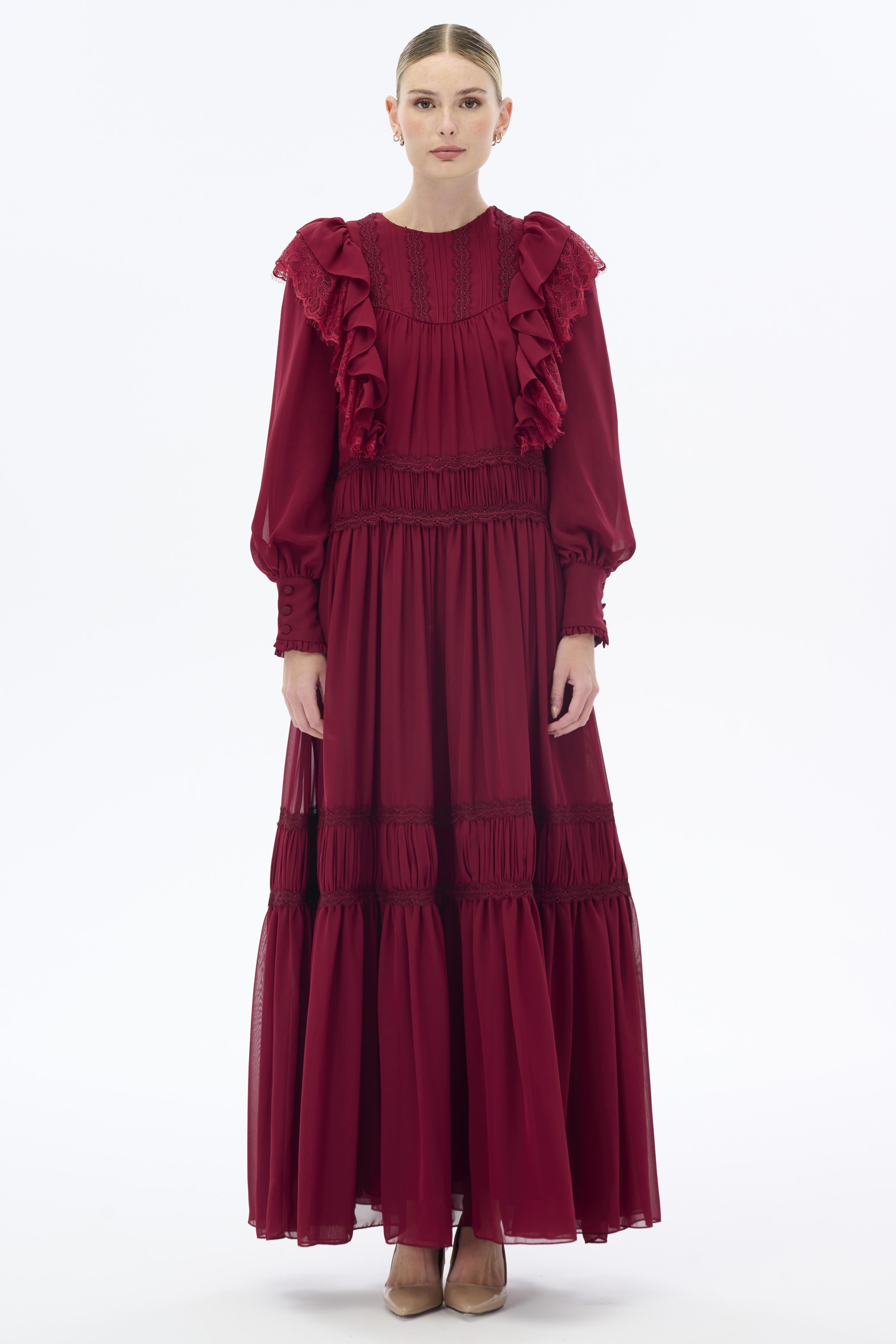 Miha-Büzgü Şeri̇t Detaylı Elbi̇se Bordo-Elbise-1-Milagron.com