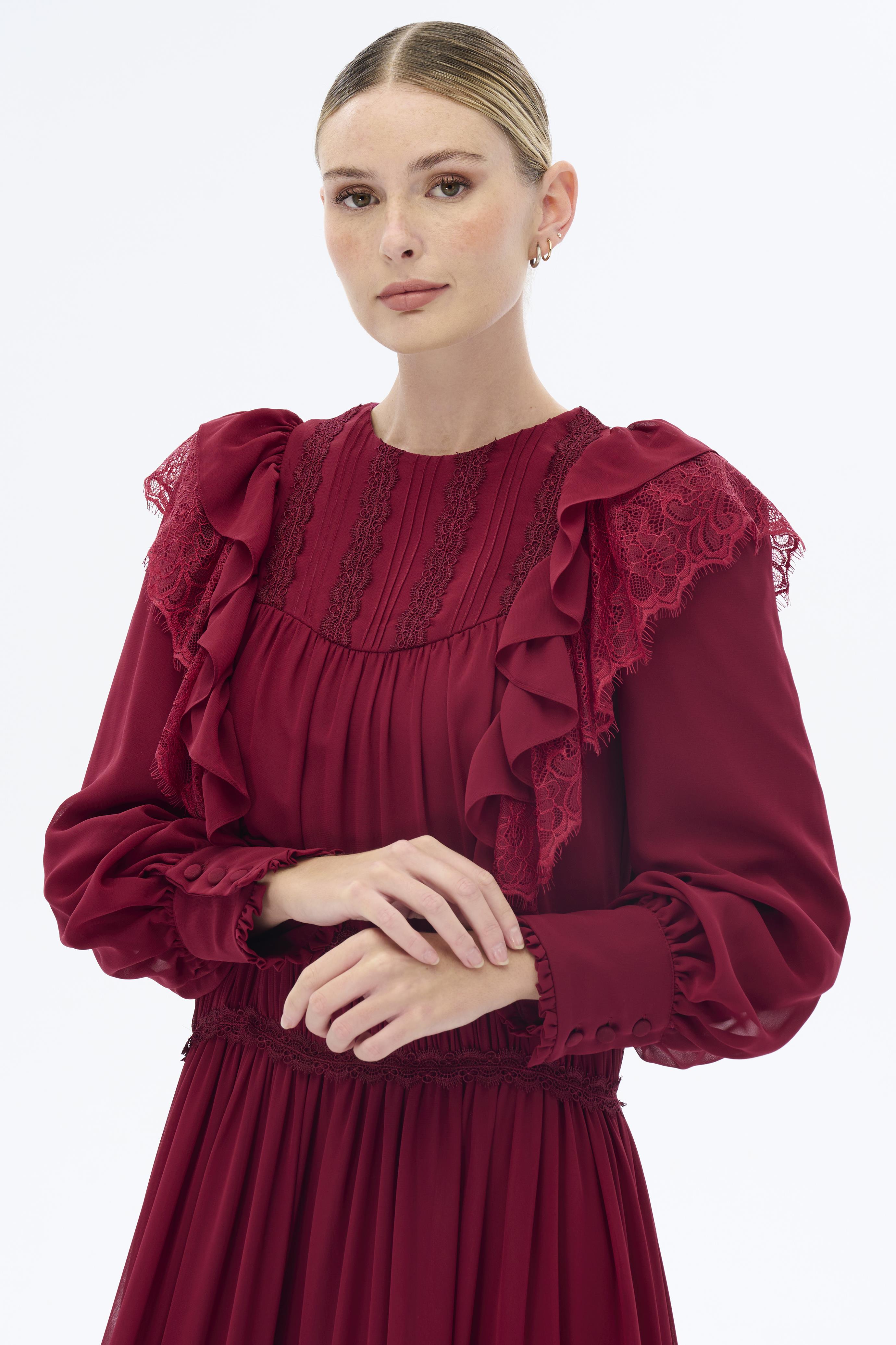 Miha-Büzgü Şeri̇t Detaylı Elbi̇se Bordo-Elbise-2-Milagron.com