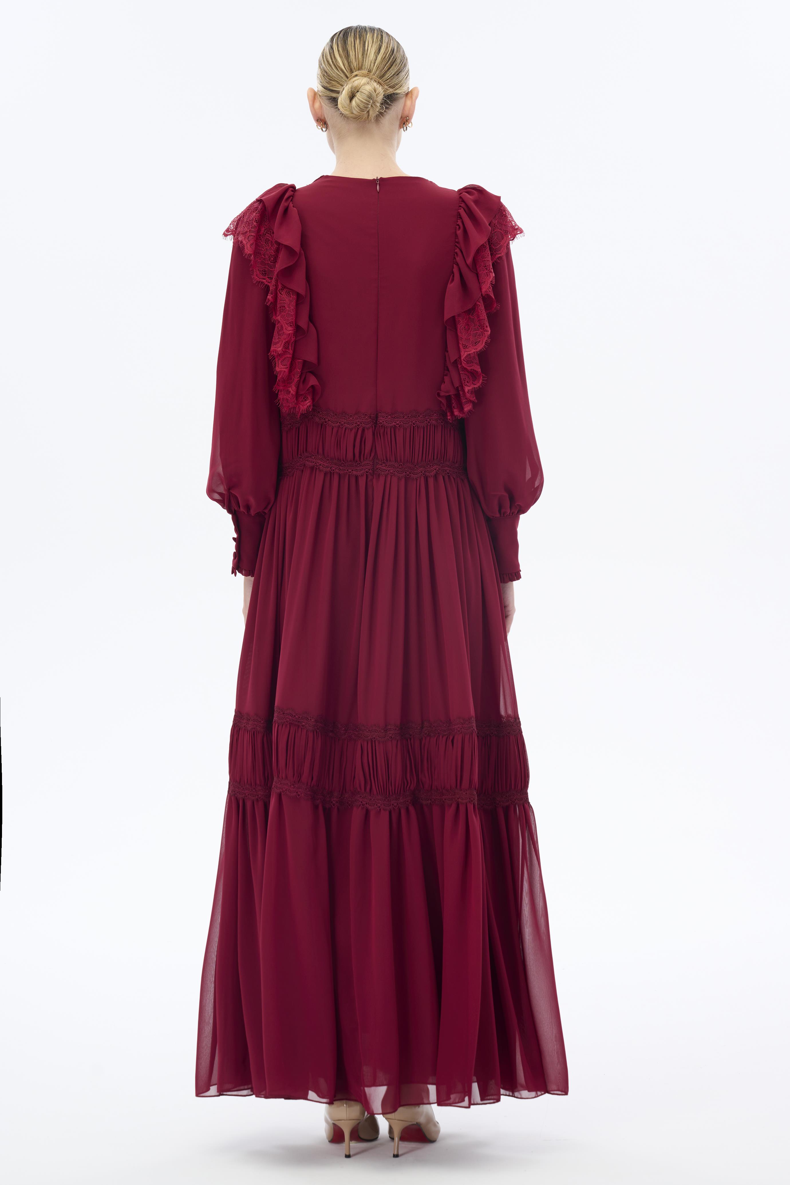 Miha-Büzgü Şeri̇t Detaylı Elbi̇se Bordo-Elbise-4-Milagron.com