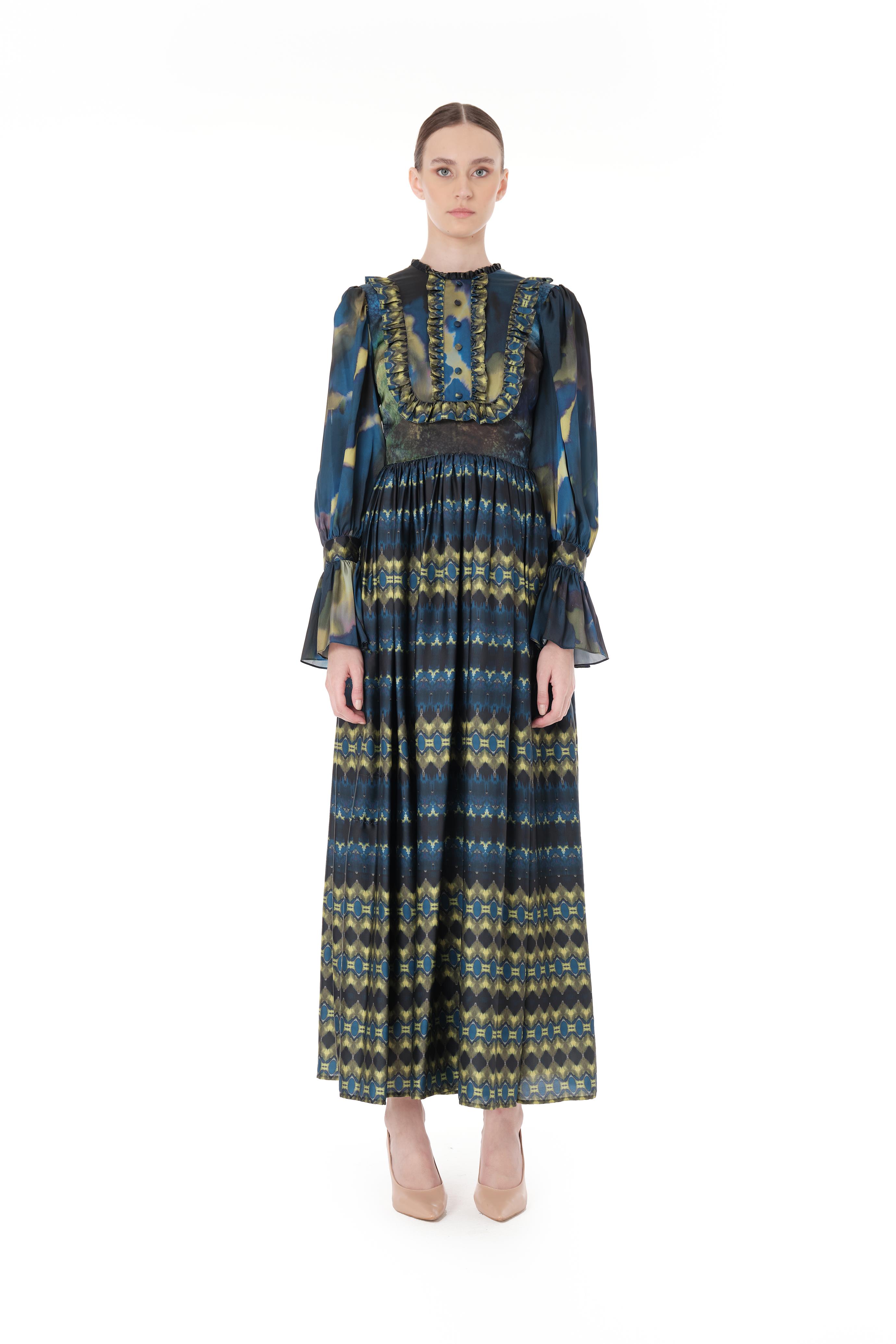 Miha-Fırfır Detayli Di̇ji̇tal Desen Uzun Elbi̇se-Elbise-1-Milagron.com