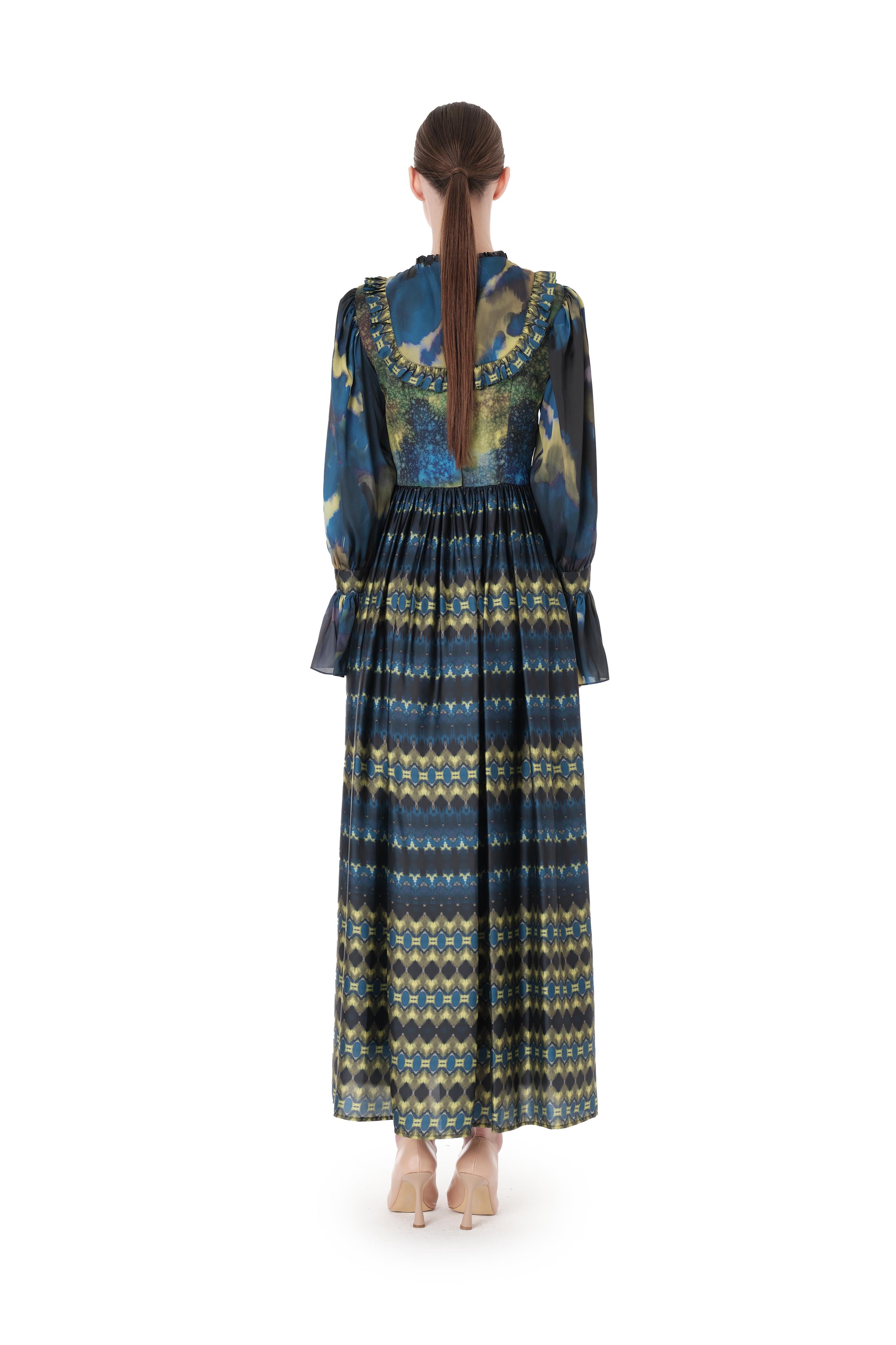 Miha-Fırfır Detayli Di̇ji̇tal Desen Uzun Elbi̇se-Elbise-4-Milagron.com