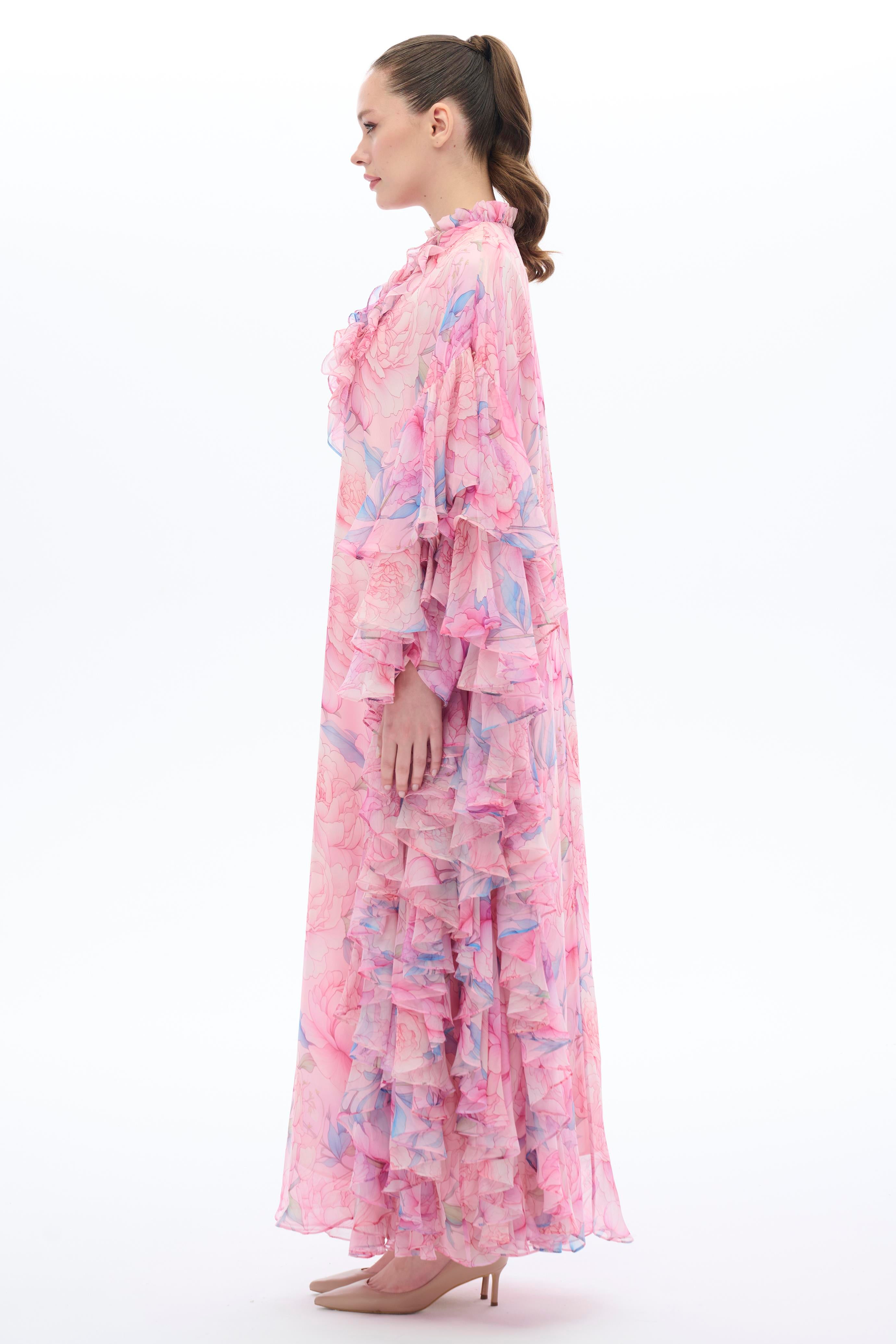 Kollari Firfir Detayli Kaftan ElbiSe Pembe