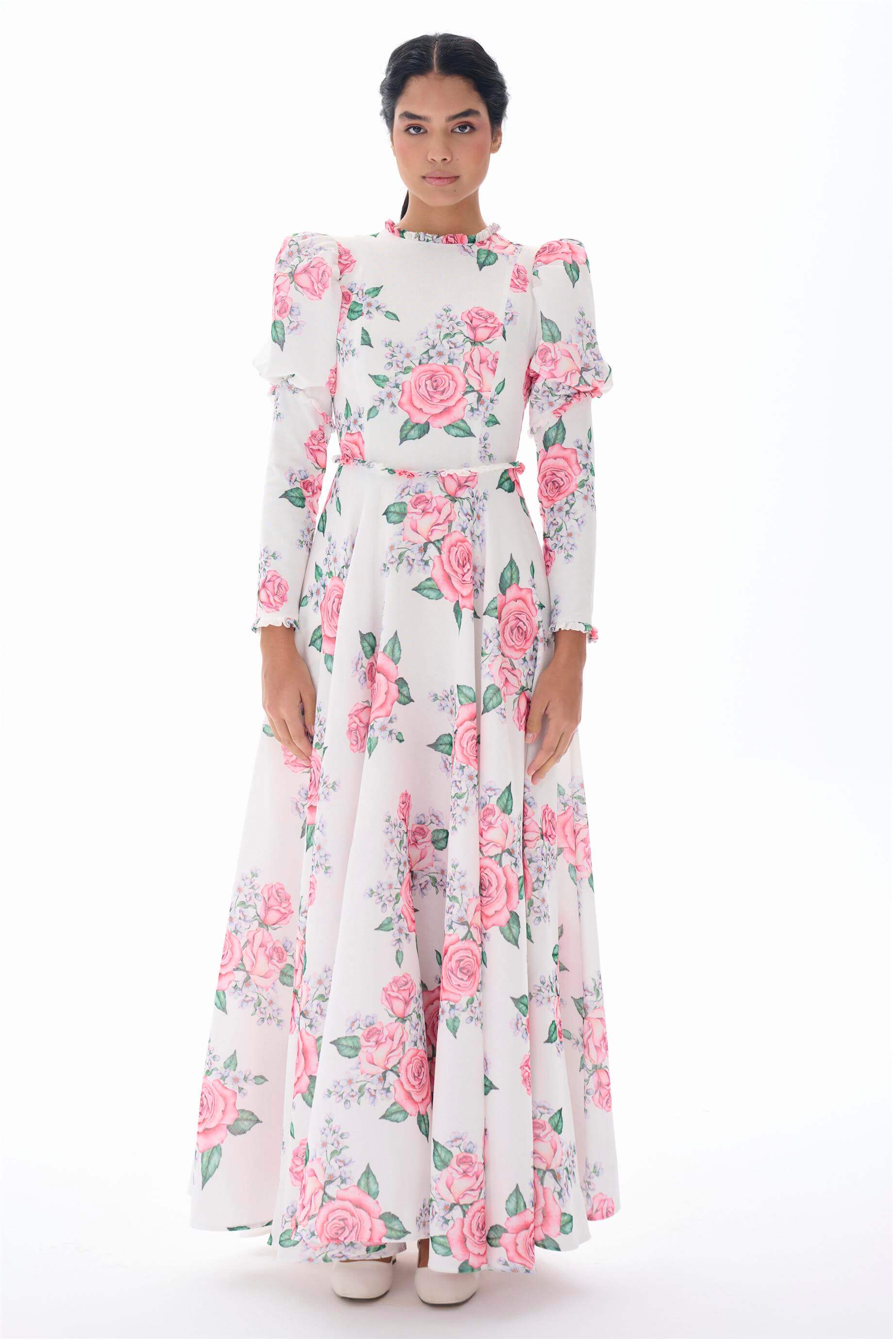 Miha-Kolları Kabarık Çi̇çek Desenli̇ Elbi̇se-Elbise-1-Milagron.com