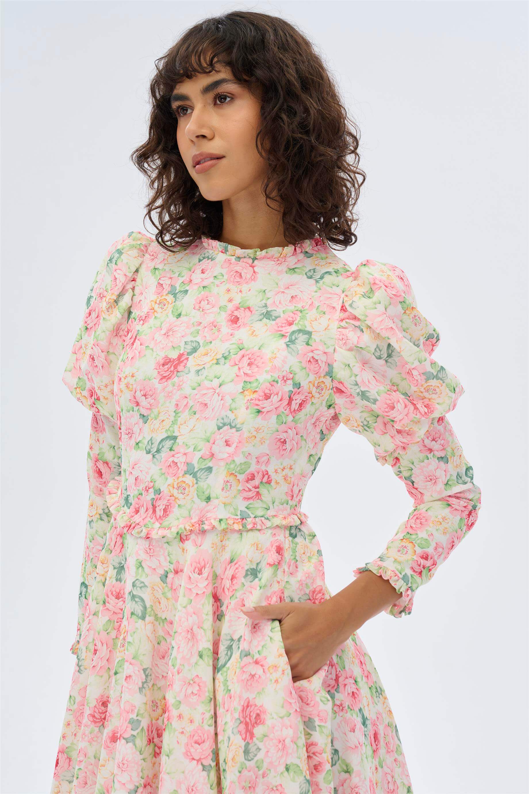 Miha-Kolları Kabarık Çi̇çek Desenli̇ Elbi̇se-Elbise-12-Milagron.com