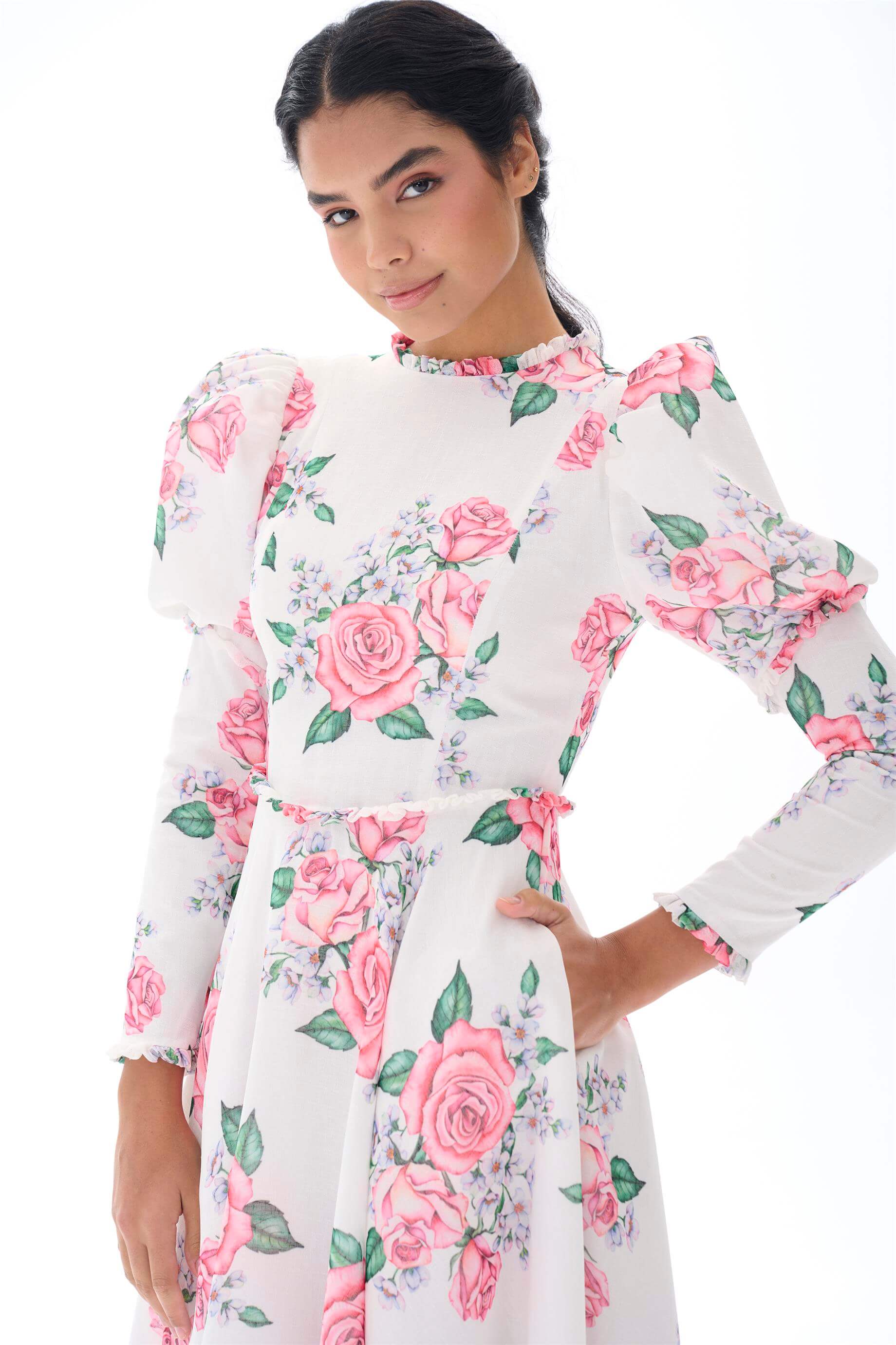 Miha-Kolları Kabarık Çi̇çek Desenli̇ Elbi̇se-Elbise-4-Milagron.com