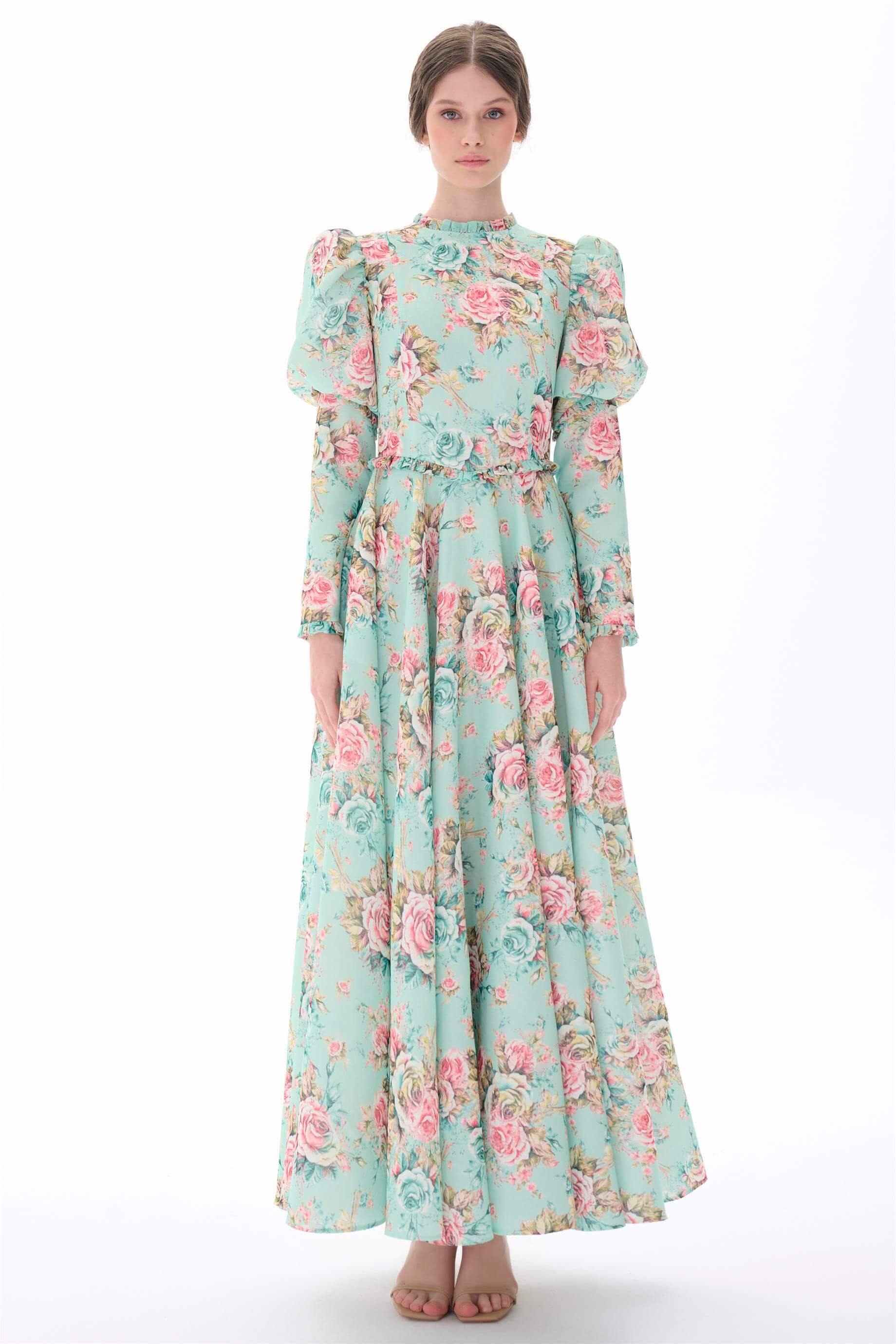 Miha-Kolları Kabarık Çi̇çek Desenli̇ Elbi̇se-Elbise-5-Milagron.com