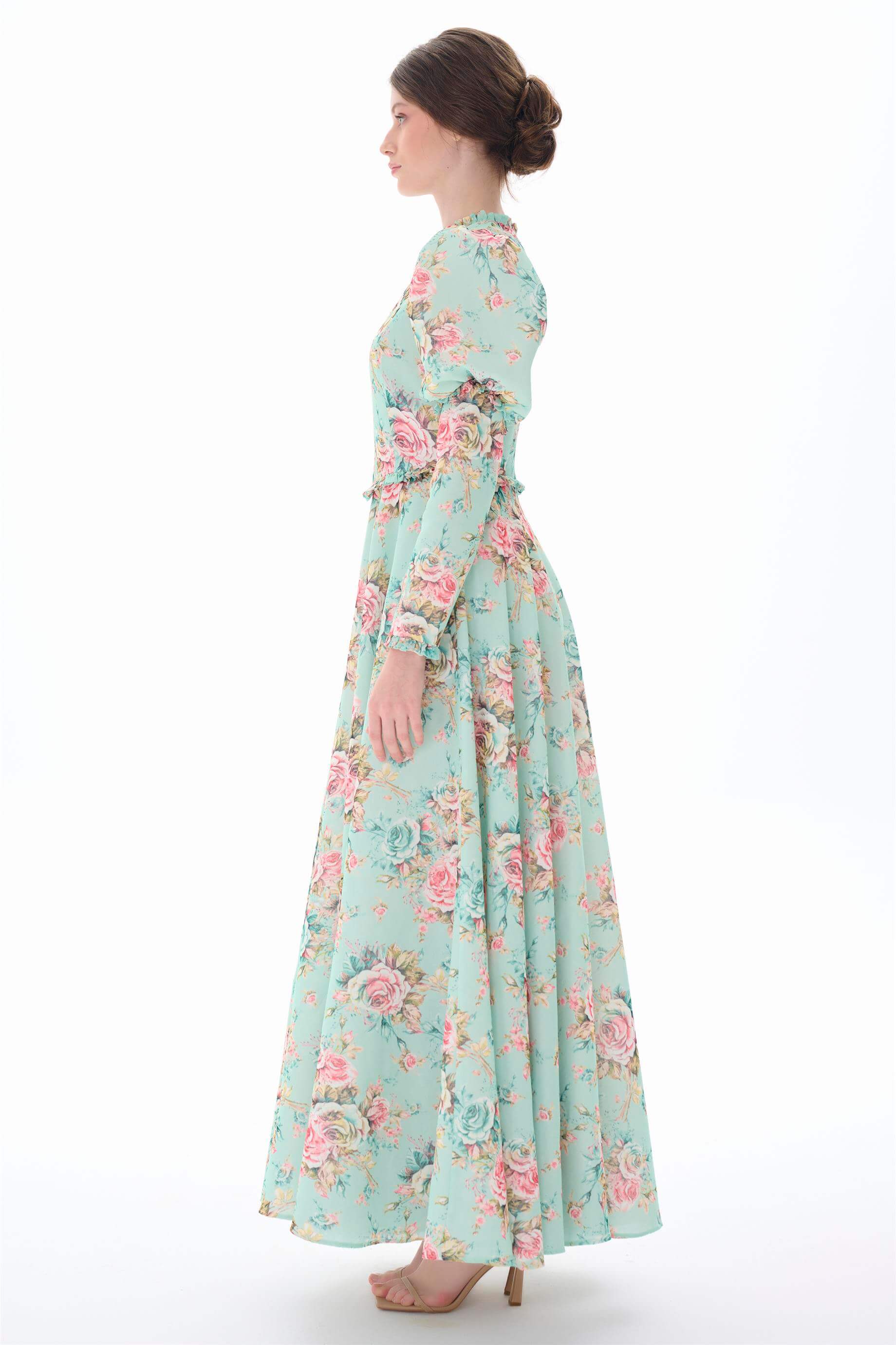 Miha-Kolları Kabarık Çi̇çek Desenli̇ Elbi̇se-Elbise-6-Milagron.com