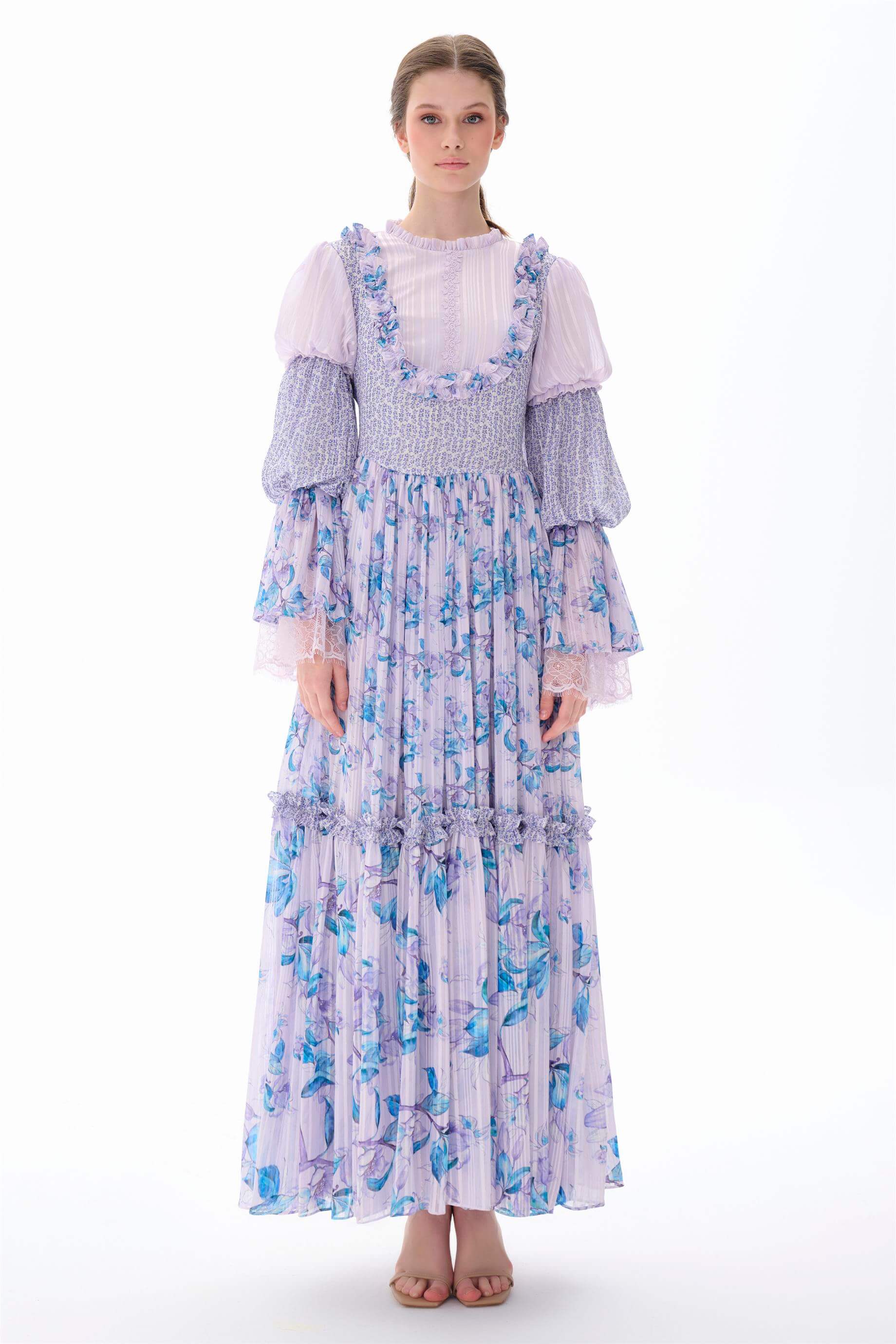 Miha-Kolları Kat Kat Fırfır Detaylı Elbi̇se Lila-Elbise-1-Milagron.com